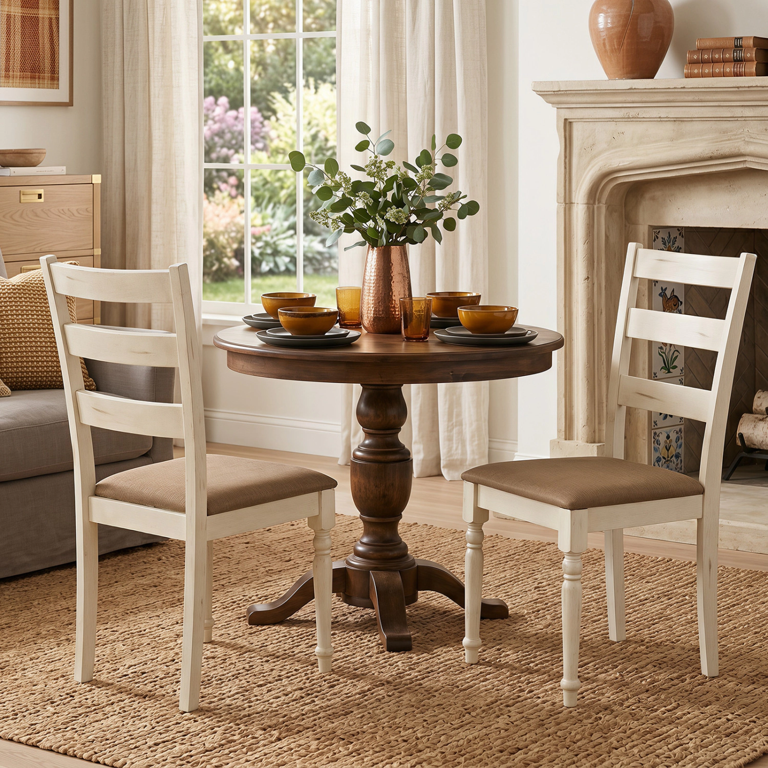LJG Rubber Wood Dining Chairs Set of with Padded Linen Seat & Slatted Backrest