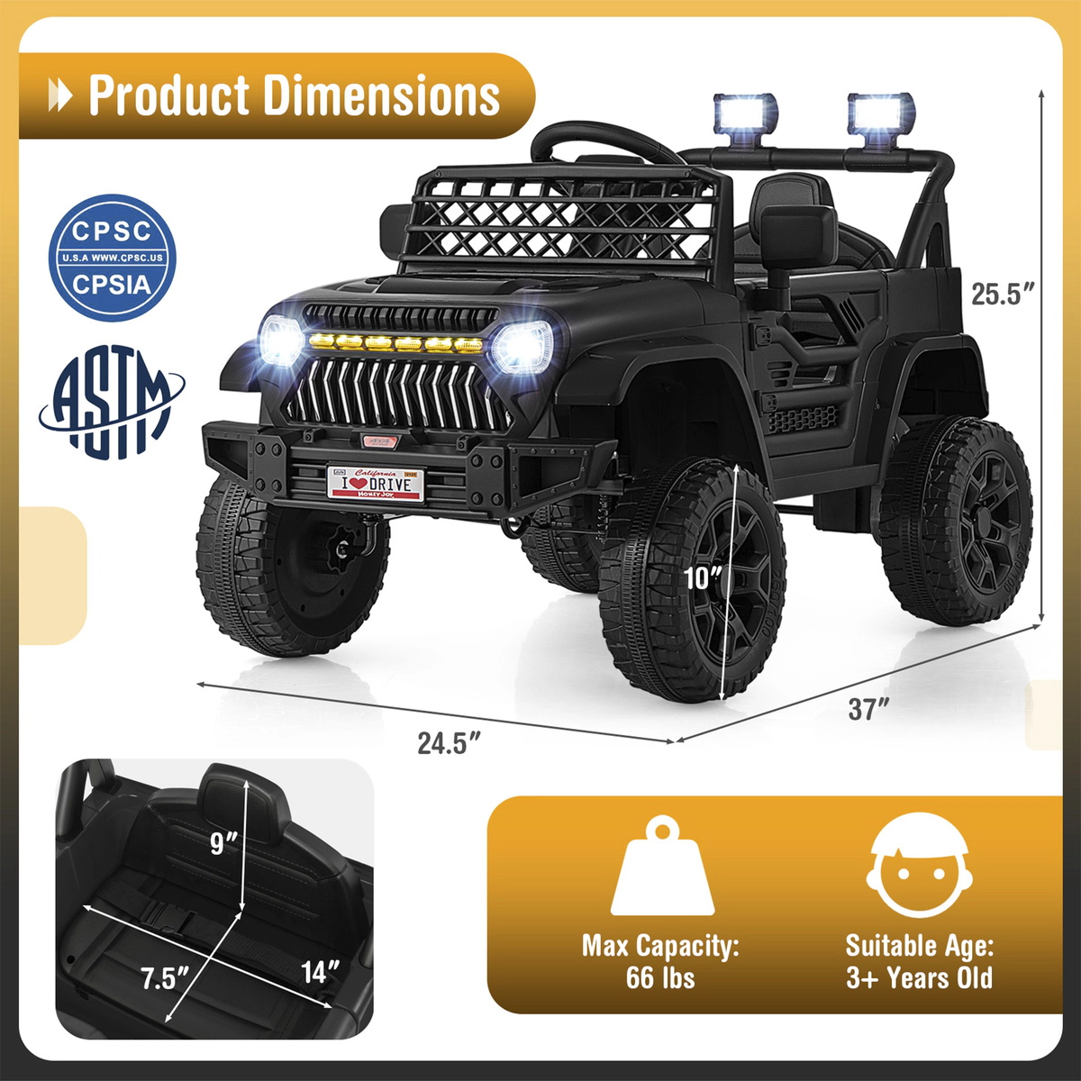 SUGIFT 12V Kids Ride-On Truck Car with Dual Motors Parental Remote and Music Player 66-lb Capacity Ages 3+ Black