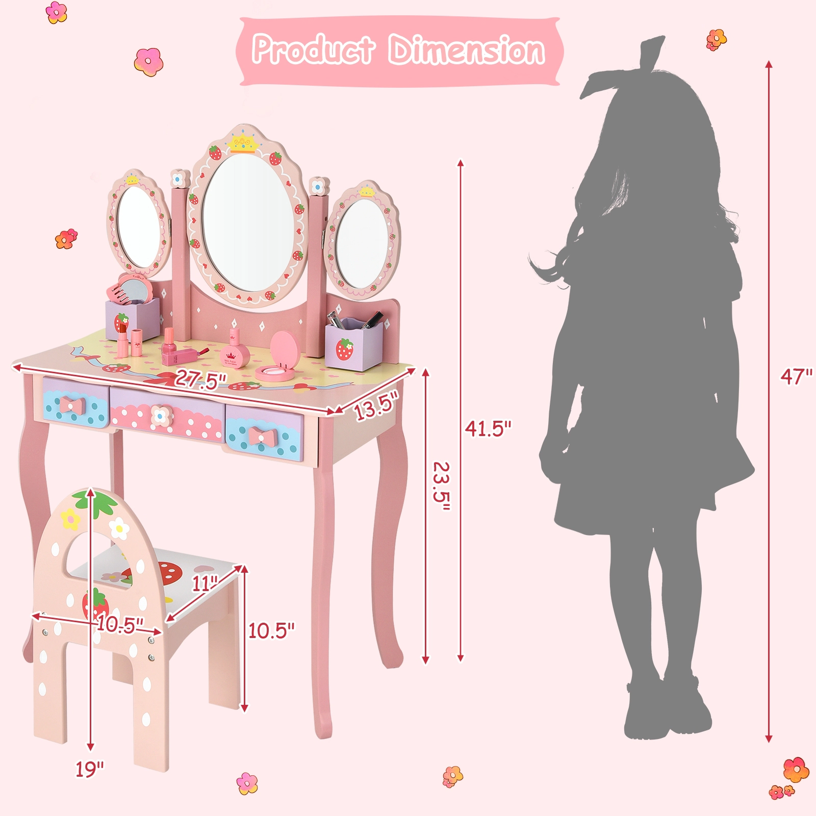 SUGIFT Kids Vanity Princess Makeup Dressing Table and Chair Set with Tri-fold Mirror 44-lb Table 88-lb Chair Capacity