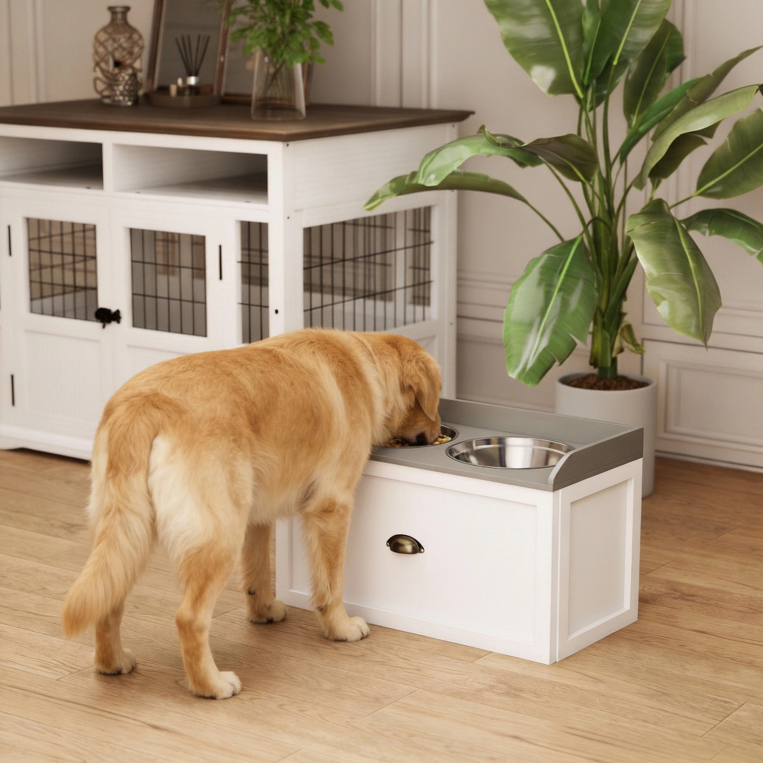 HONGGE Pet Feeding Station Pet Dish Bowl Set with Storage, 2 Elevated Dog Bowls for Large Sized Dogs