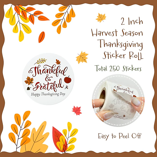 Wrapables 2 Inch Thanksgiving Autumn Thank You Sticker Roll for Cards ...