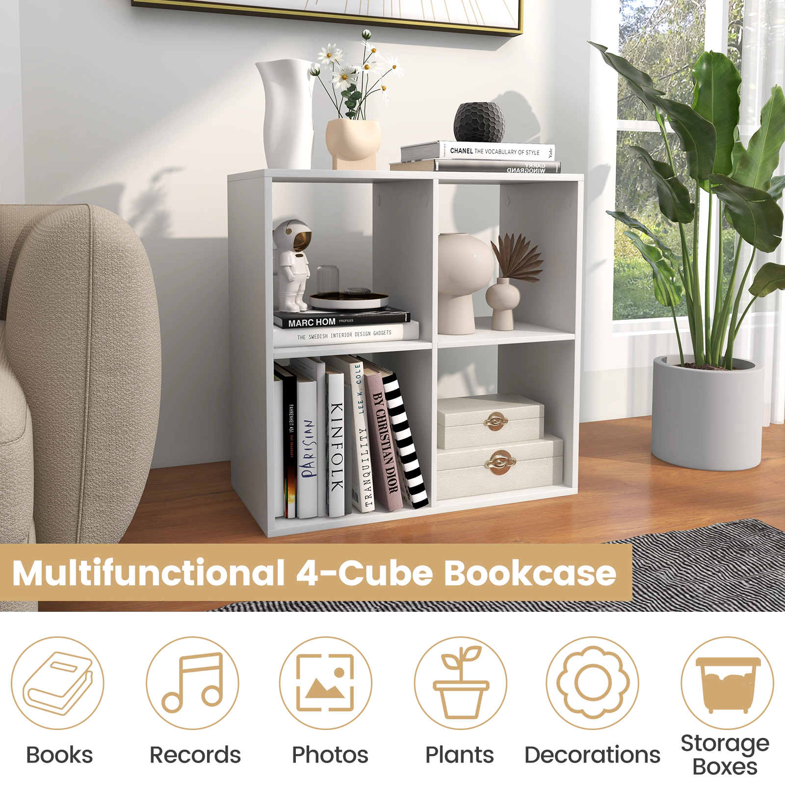 SUGIFT 4-Cube Engineered Wood Bookshelf with Back Guardrail 100-lb Tabletop Capacity 22-lb Cubes 27.5-in Frame White