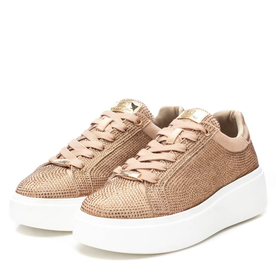 XTI Women's Lace-Up Sneakers Round Toe, Decorative Mini Stones