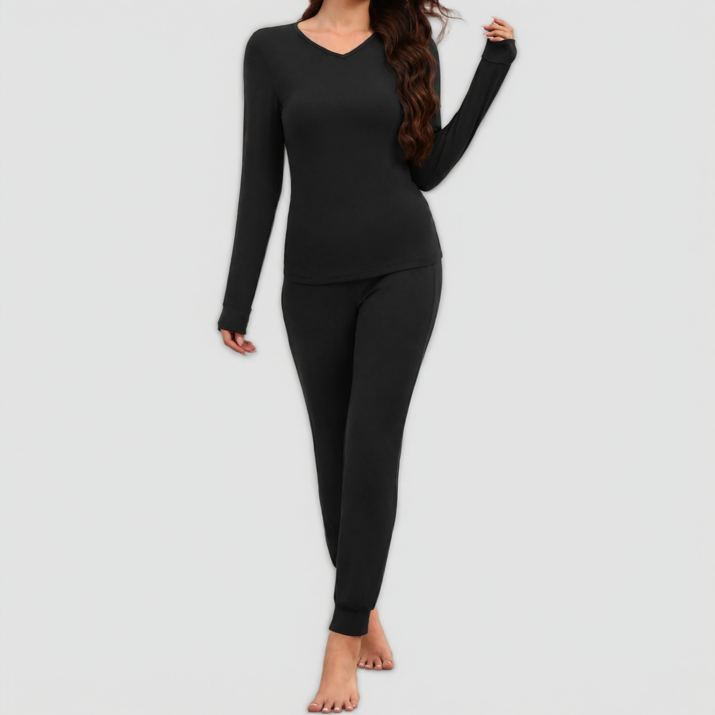 Ekouaer Women's Two Piece V-Neck Long Sleeve Thermal Underwear Set