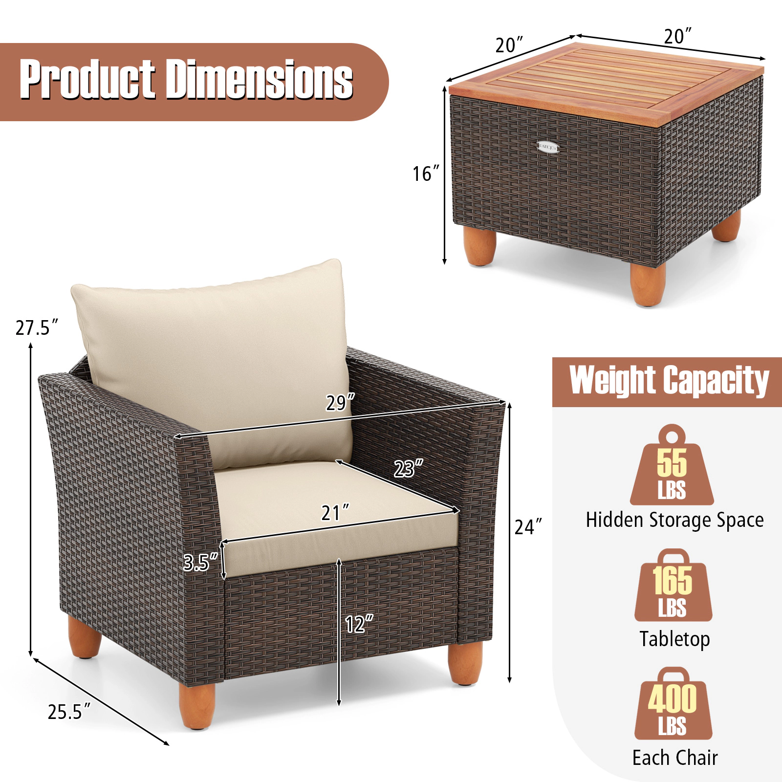 LJG 3 Pieces Patio Rattan Bistro Furniture Set with Wooden Table Top