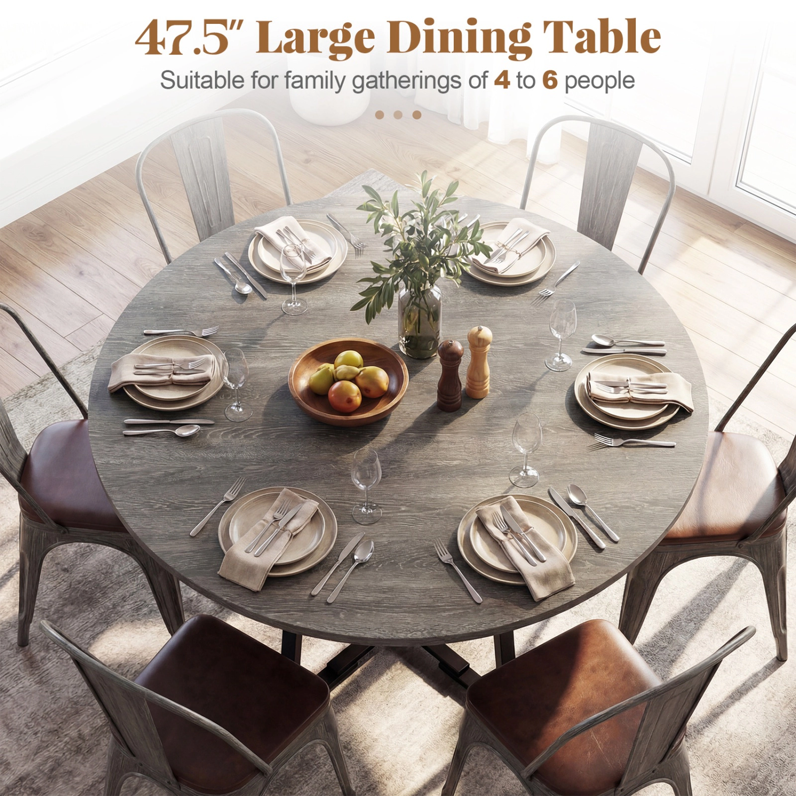 SUGIFT 47.5-in Round Dining Table for 4-6 with Storage Shelf 330-lb Tabletop Capacity Rustic Brown and Black Gray