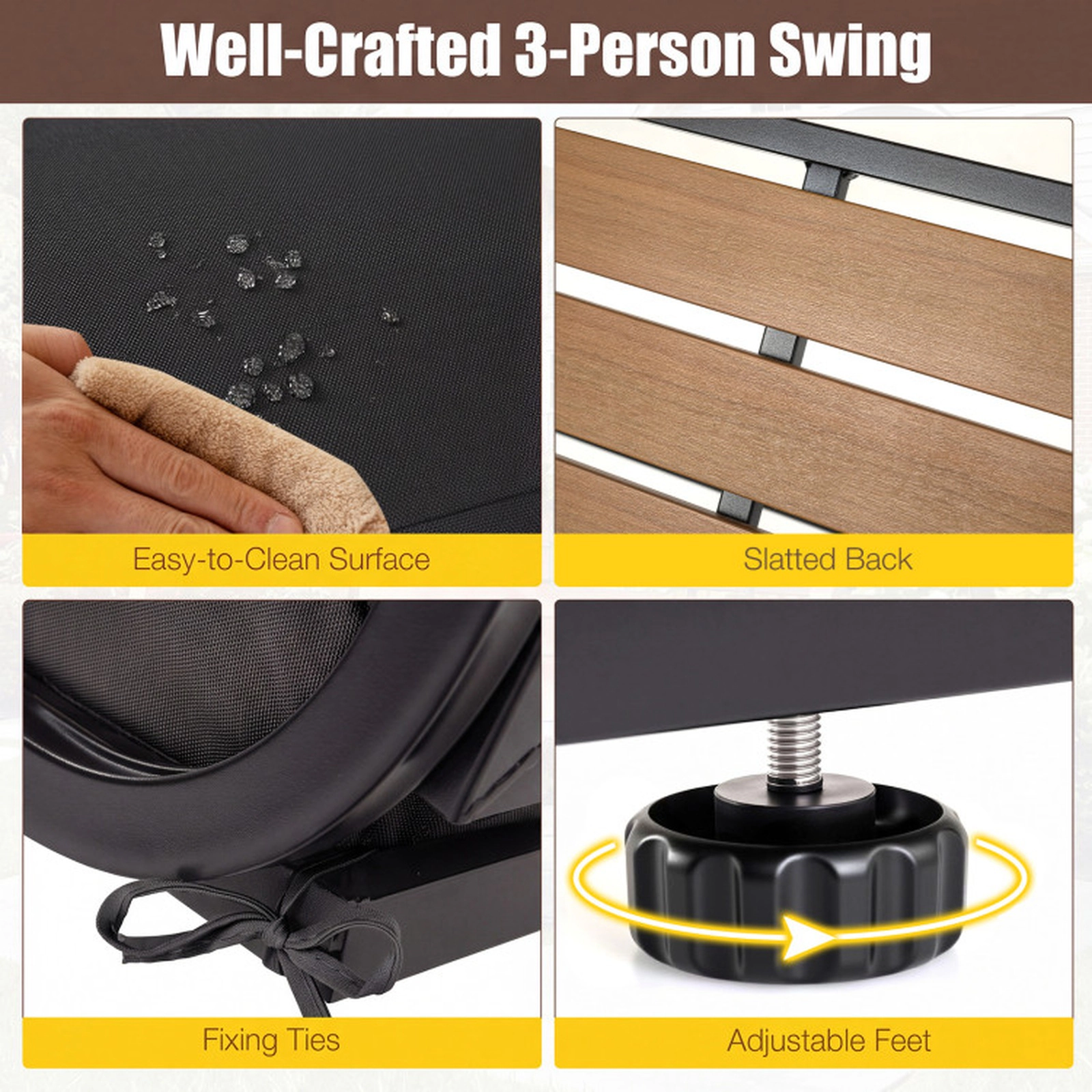 SUGIFT Black Adjustable Canopy and Slatted Seat 3-Person Porch Swing