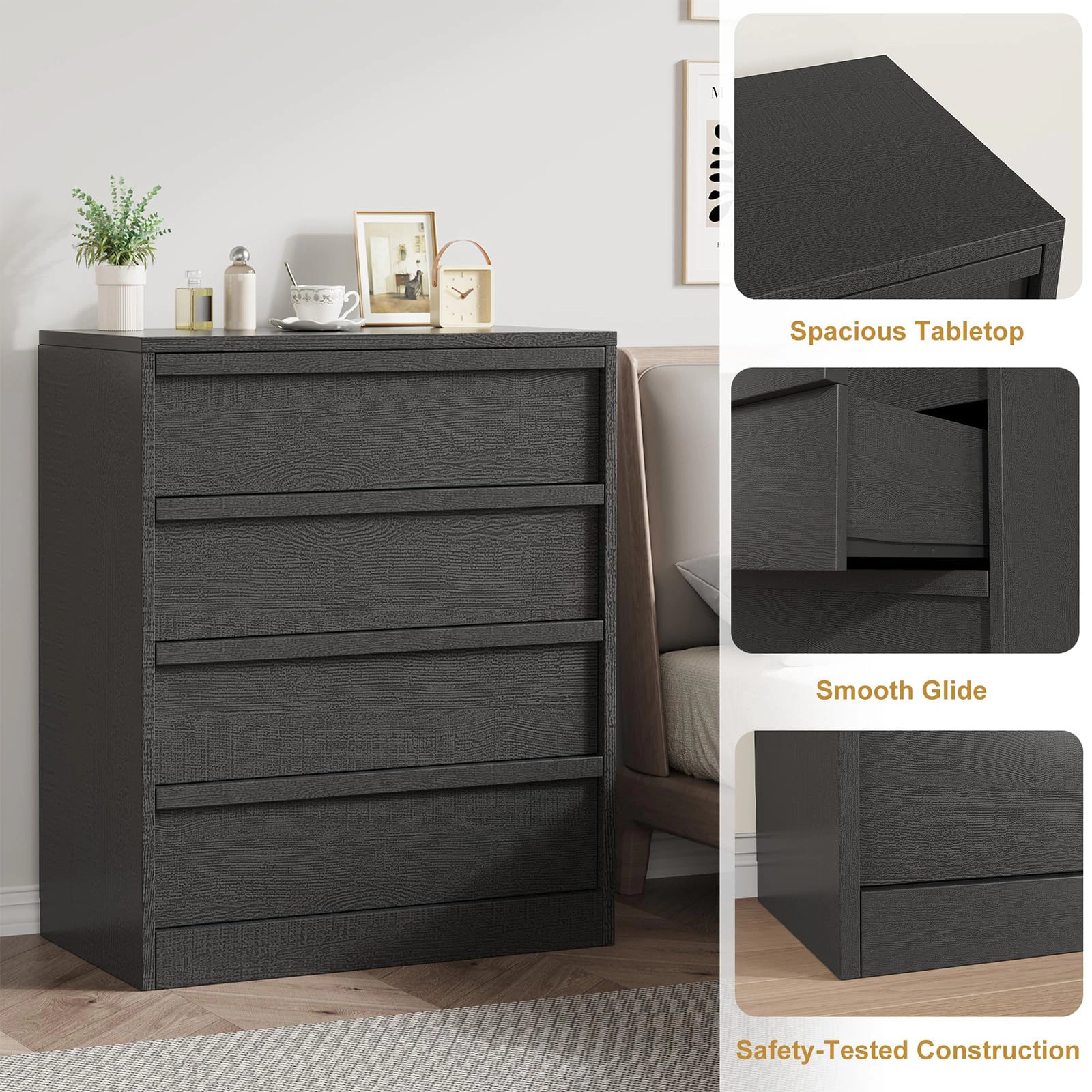 4 Drawer Dresser, Freestanding MDF Chest of Drawers with Storage Top and Anti-Tip Hardware for Bedroom