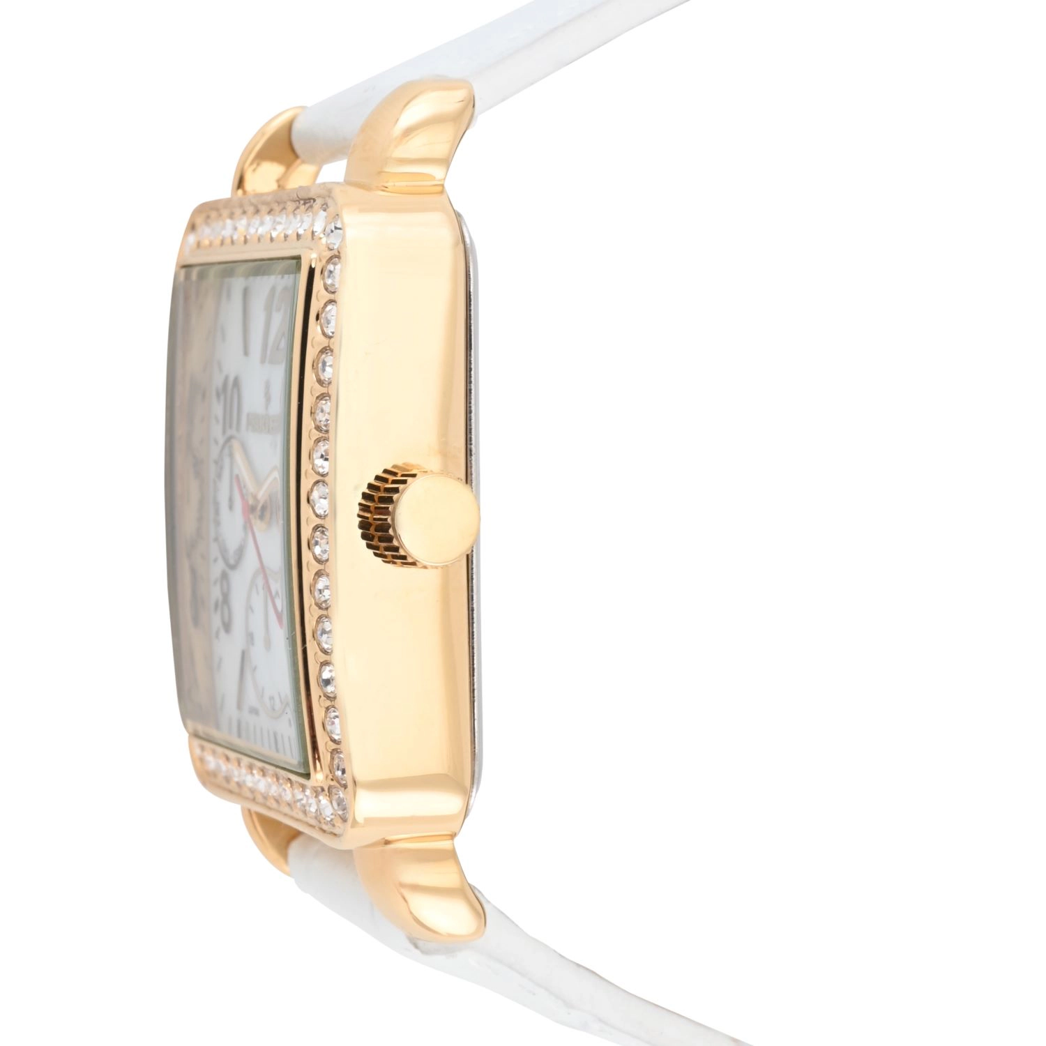 Peugeot Women's 14K Gold Plated Square Dress Watch with European Crystals and White Leather Band