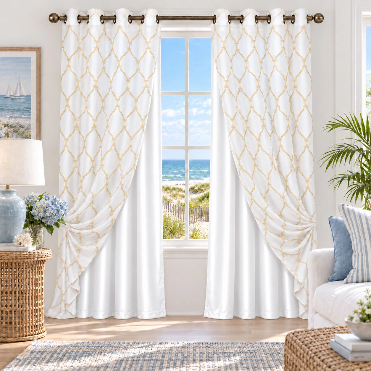 Kate Aurora 2 Pack Geo Trellis Double Layered Sheer Embroidered Grommet Curtains