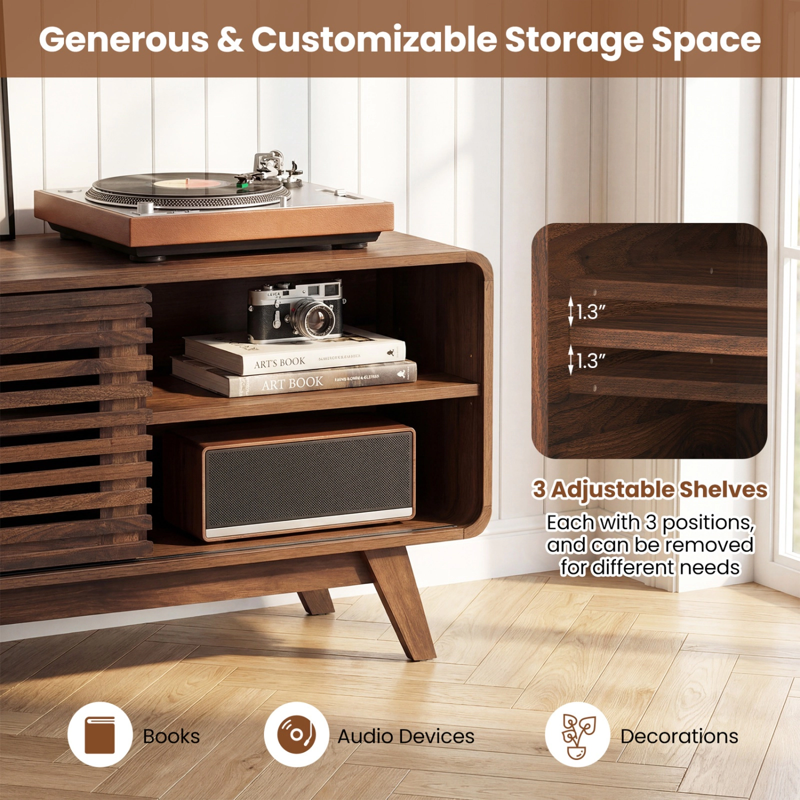 SUGIFT Mid Century Modern Entertainment Center TV Stand Grille-Style Sliding Doors 100-lb Tabletop 3 Adjustable Shelves