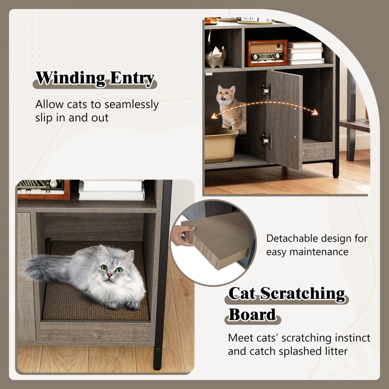 SUGIFT 35 x 29.5-in 110-lb Tabletop Capacity Oak Hidden Cat Litter Box Enclosure with Double Doors and Scratch Board