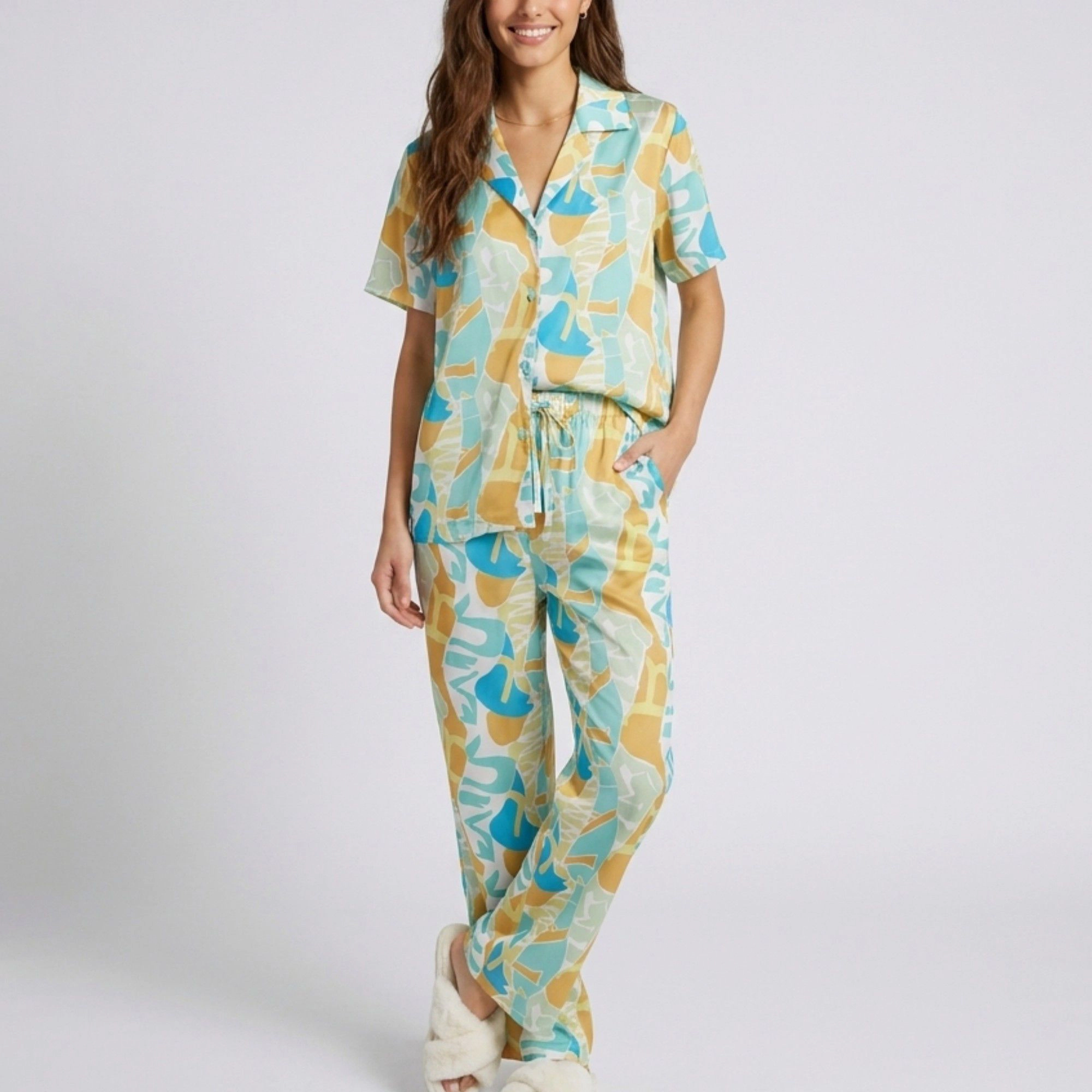 Anna-Kaci Women's 2-Piece Abstract Print Pajama Set with Short Sleeve Button Top and Wide Leg Pants