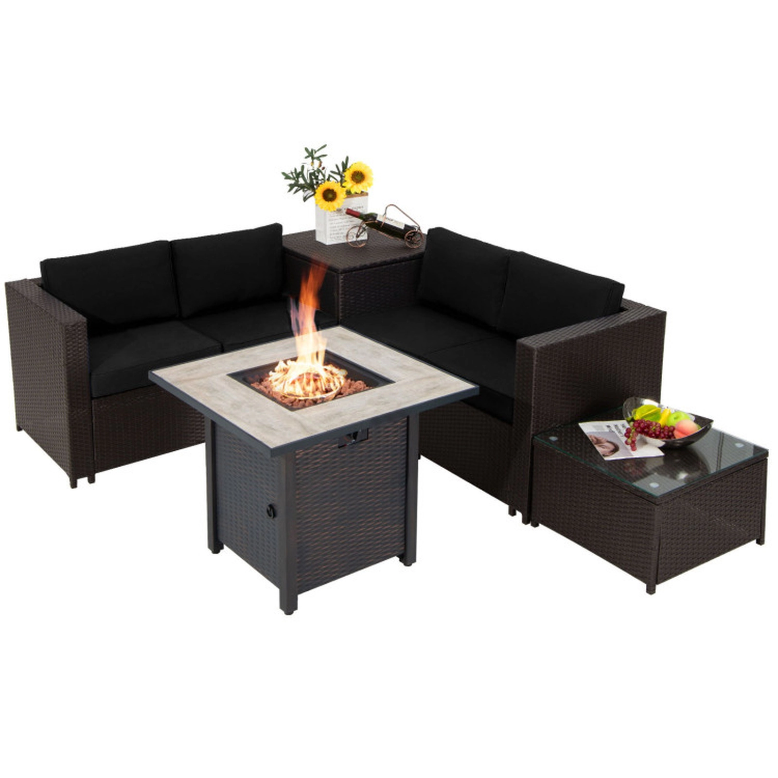 SUGIFT 5-Piece Black Patio Wicker Sofa Set with 30-in Gas Fire Pit Table 50000-BTU 800-lb Loveseat Capacity