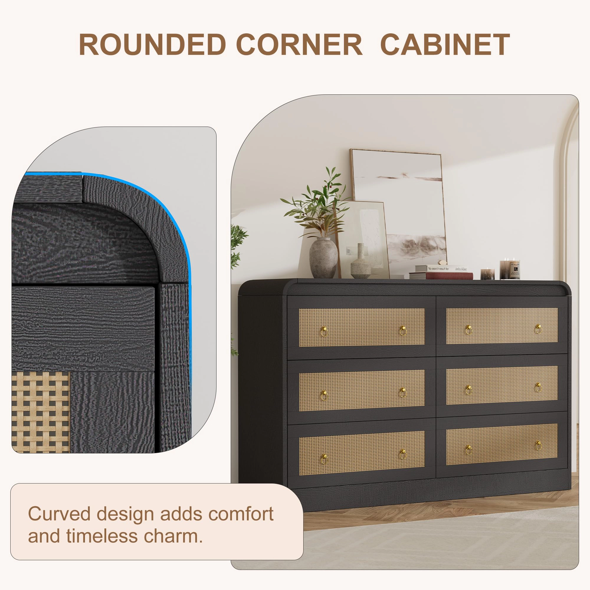 6 Drawer Rattan Dresser with Rounded Corners, 46" Wide Modern Wooden Storage Cabinet for Bedroom Living Room