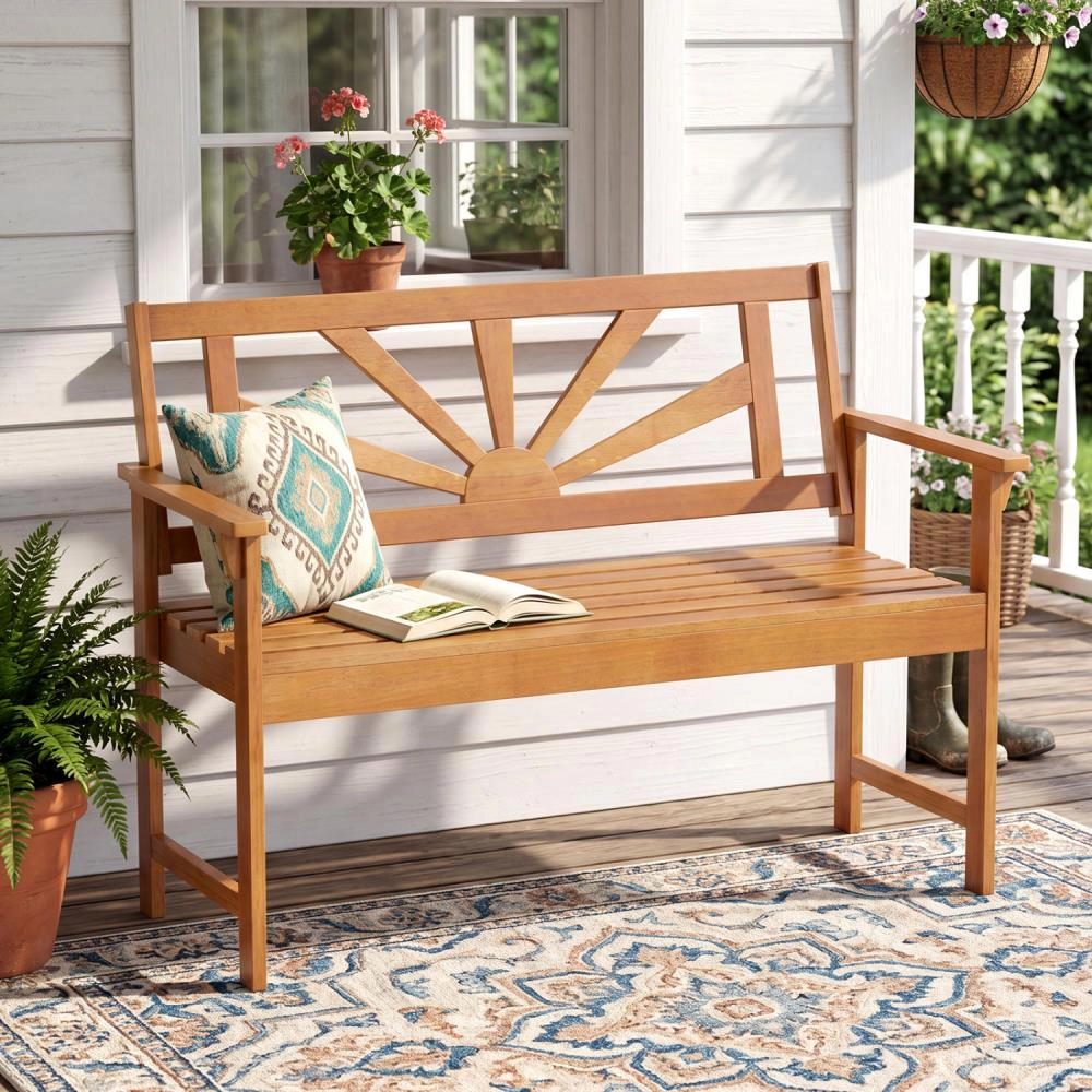 Hivvago 2-Seater Acacia Wood Loveseat Bench With Backrest And Armrests For Patio