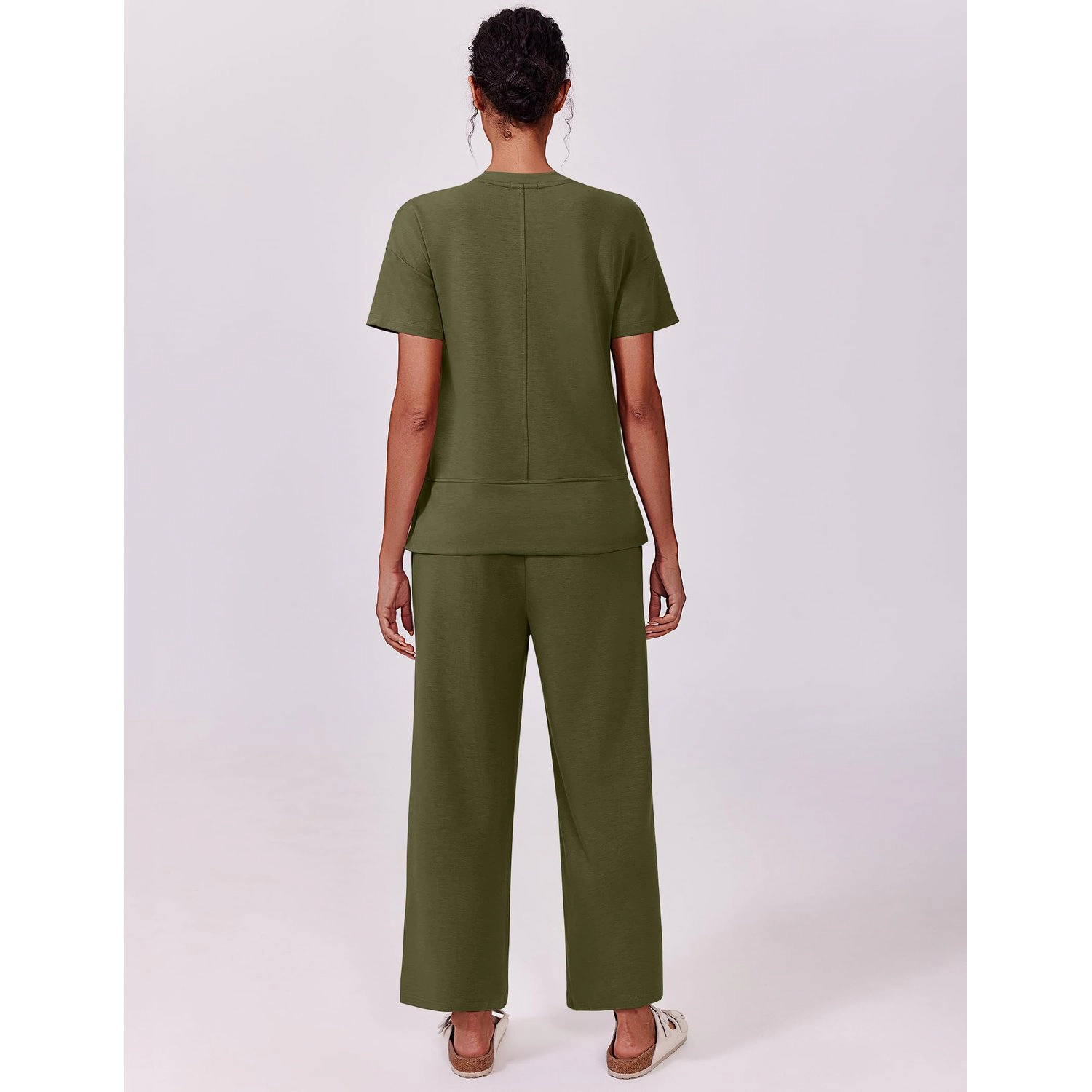 Pinspark Womens Casual Short Sleeve Tops Solid Wide Leg Pants Loose Lounge Sets