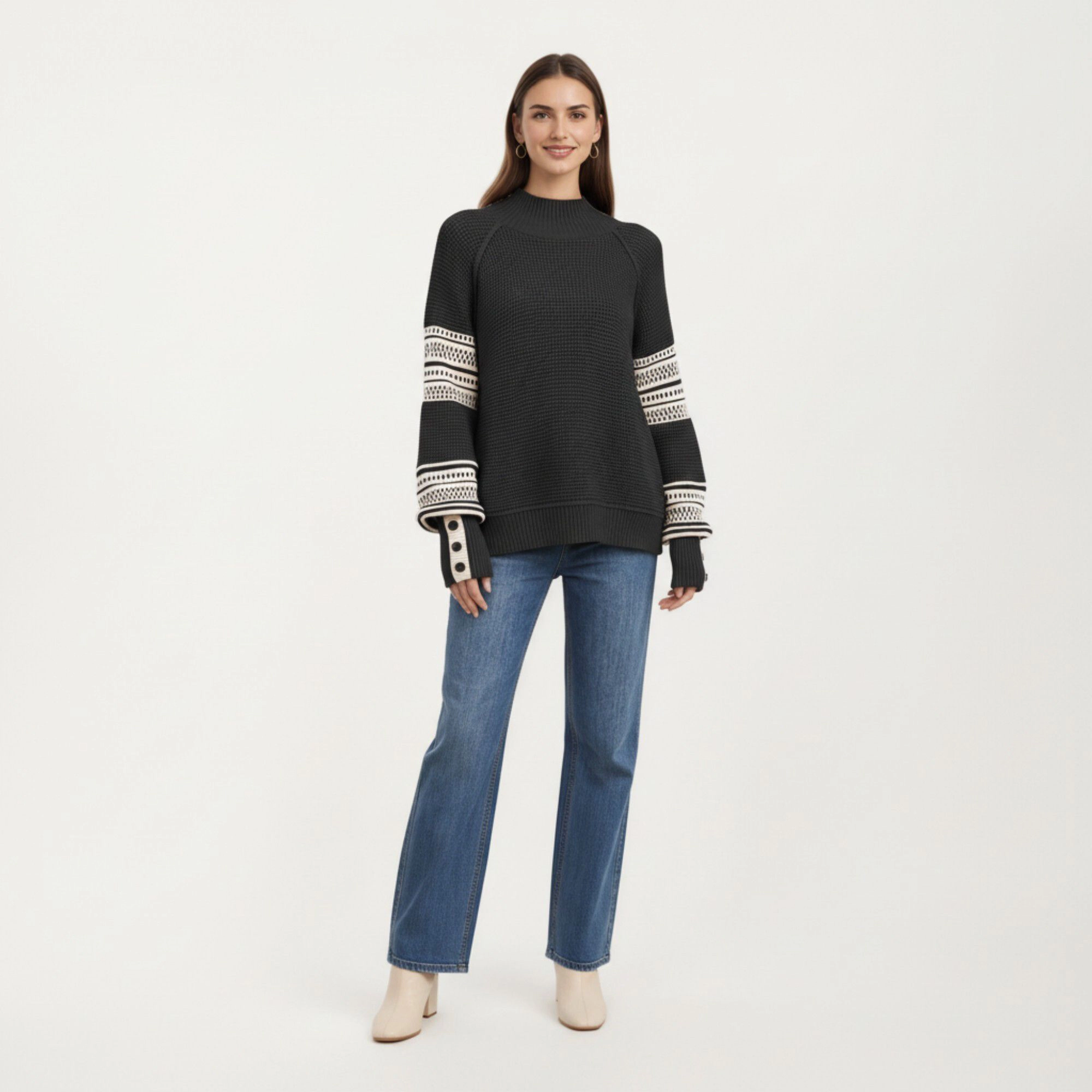 Anna-Kaci Women's Waffle Stitch Patterned Sleeve Mock Neck Long Knit Pullover Top