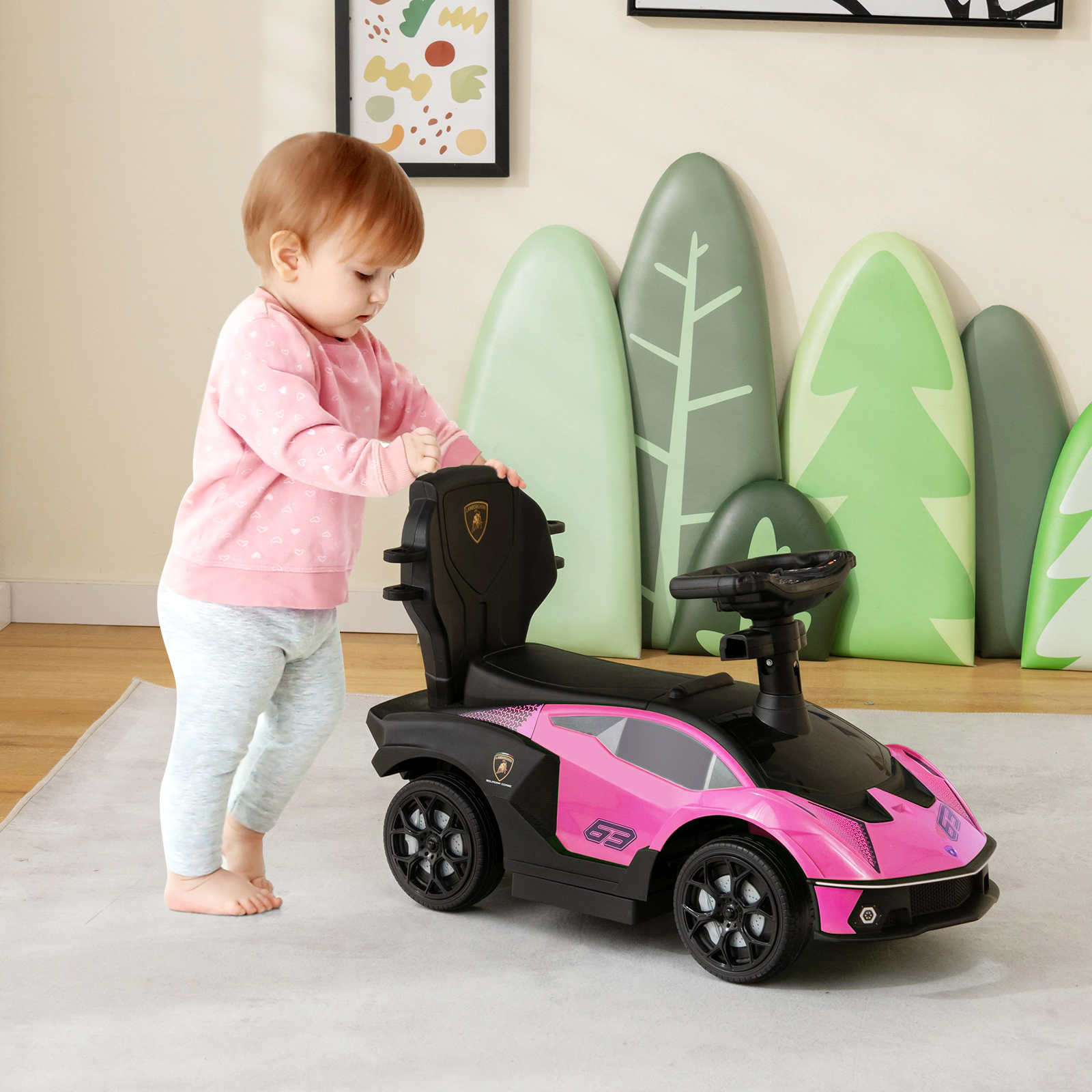 SUGIFT Toddler Pink 3-in-1 Ride On Push Car with Parent Handle and Guardrail 34-in W 35.5-in H 55-lb Seat Capacity