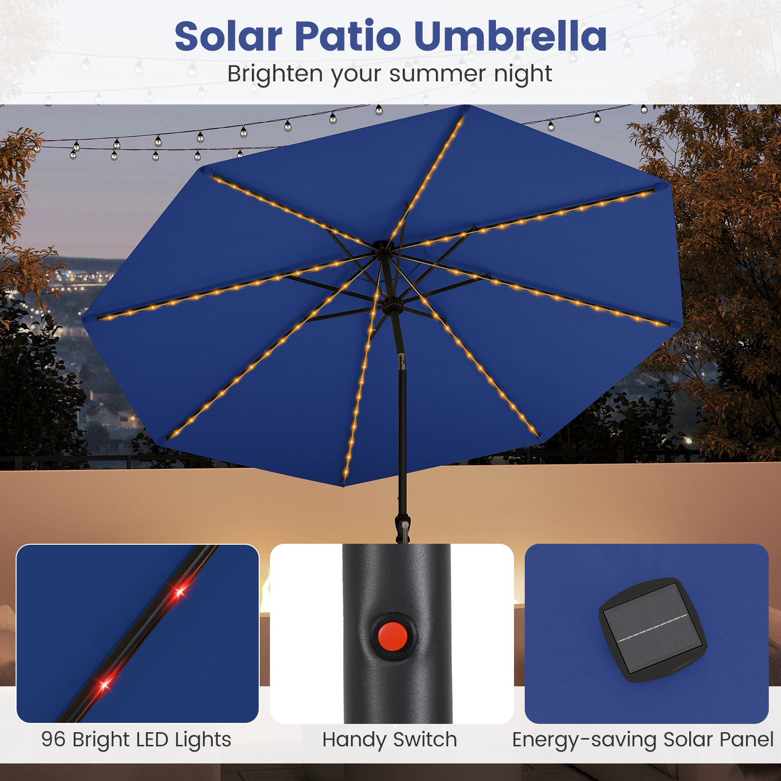 SUGIFT 10 ft Solar Patio Umbrella with 96 Color-Changing LED Lights and Tilt