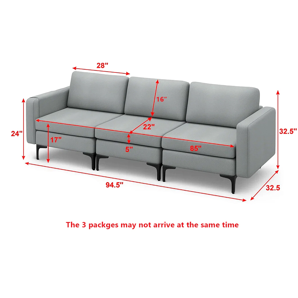 Hivvago 3-Seater Sectional Couch with Metal Legs and Side Armrest Magazine Pocket