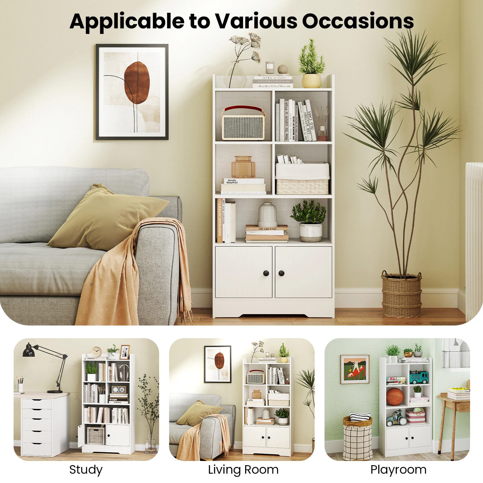 SUGIFT 4-Tier Engineered Wood Bookshelf with 4 Cube Display Shelf and 2-Door Cabinet 44-lb Top Layer Capacity White