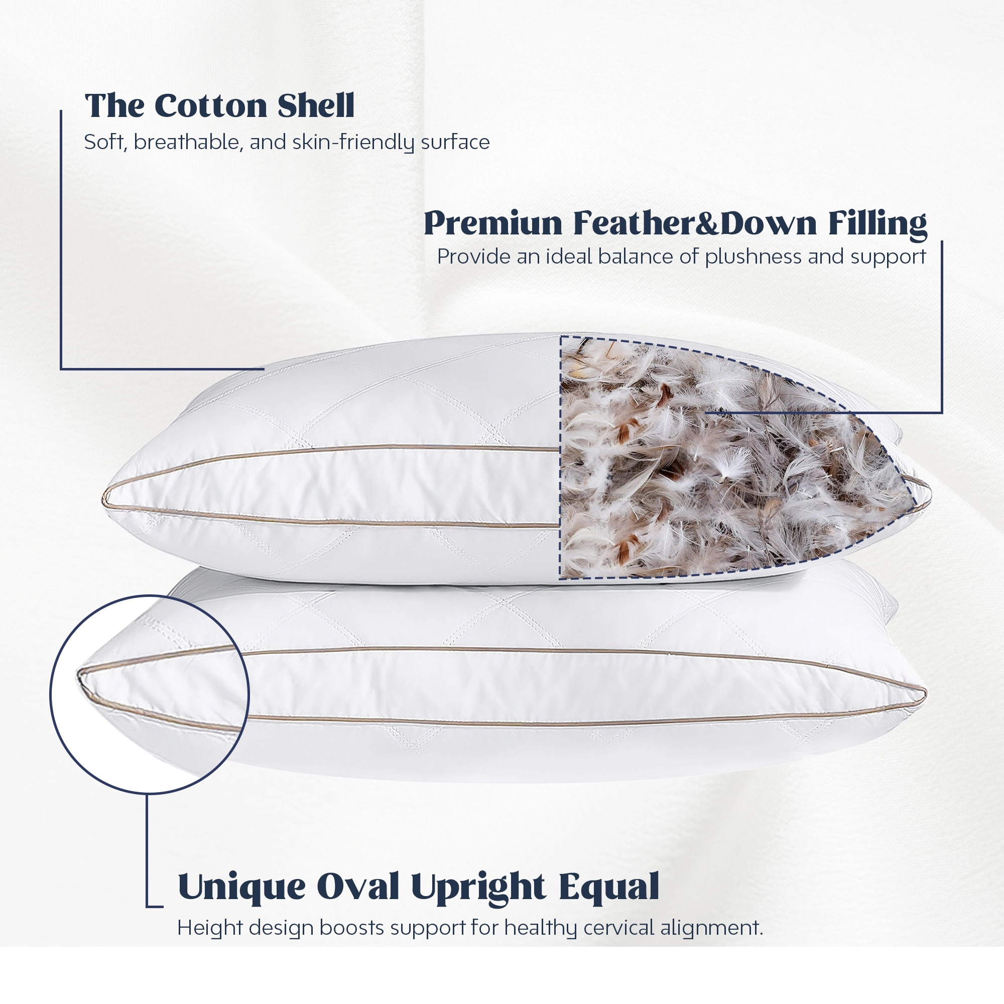 PeaceNest 100%Cotton Cover Goose Feather and Down Sleeping Pillows,Medium Comfort,Set of 2