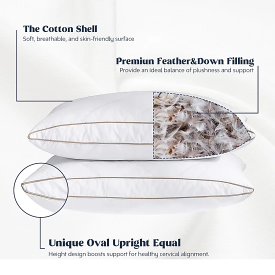 PEACENEST 100%Cotton Cover Goose Feather and Down Sleeping Pillows,Medium Comfort,Set of 2
