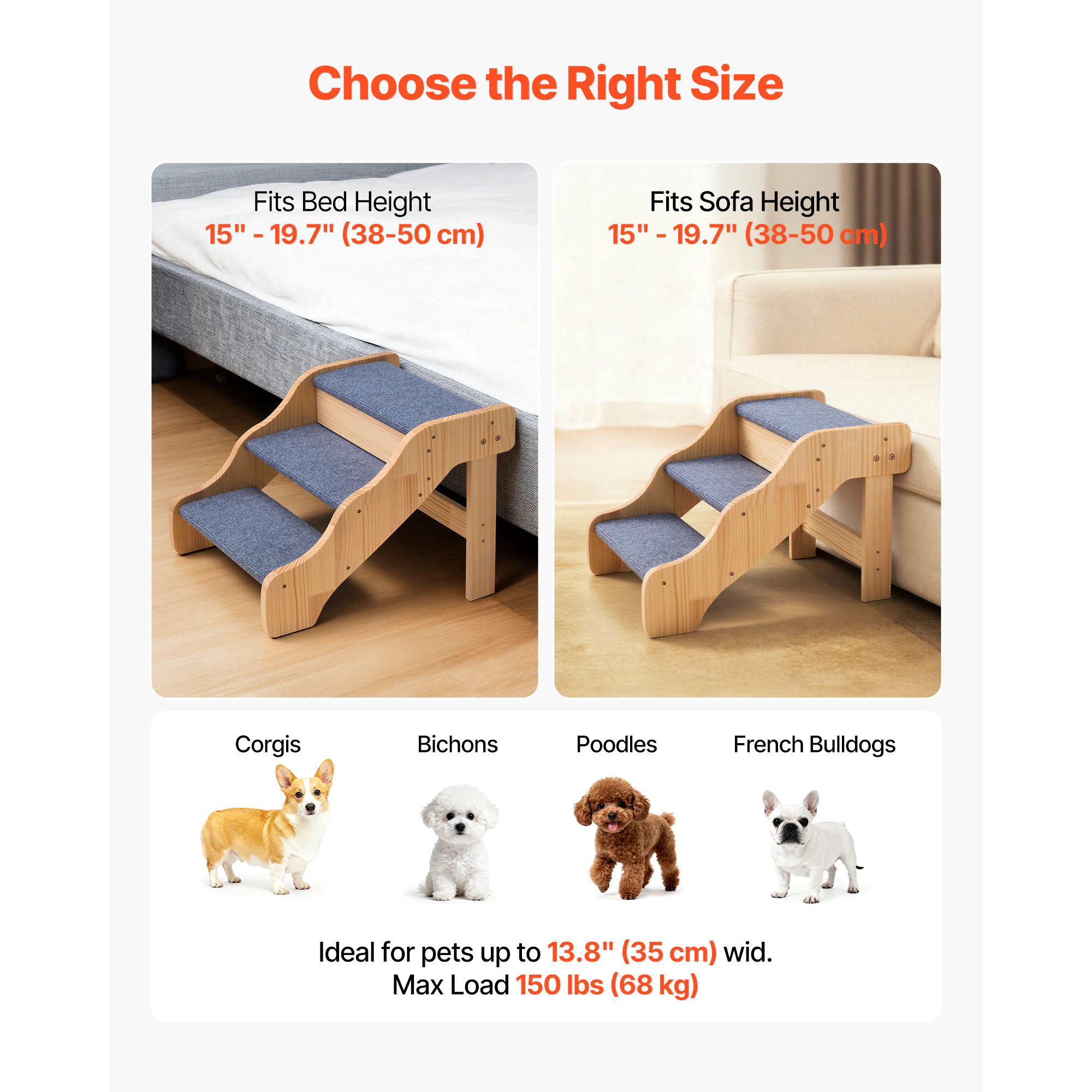 HONGGE 3-Step Non-Folding Wood Dog Stairs for High Beds & Sofas, Fixed Frame, Supports Pets up to 150 lbs