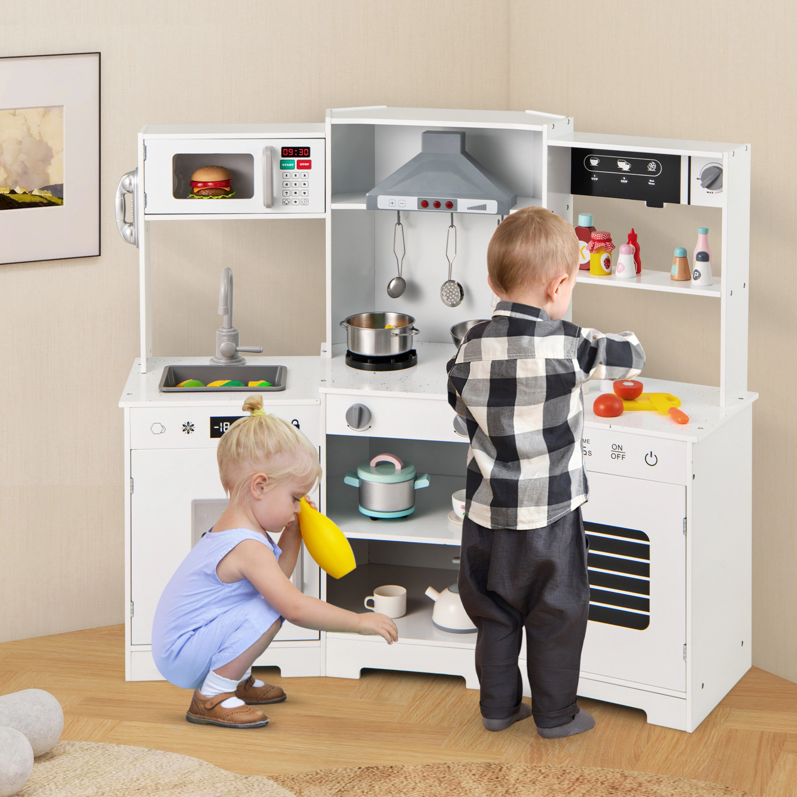 Pretend Play Kitchen Wooden Toy Set LED Range Hood Refrigerator Coffee Maker 17-in Counter 44-in x 17-in x 36.5-in White