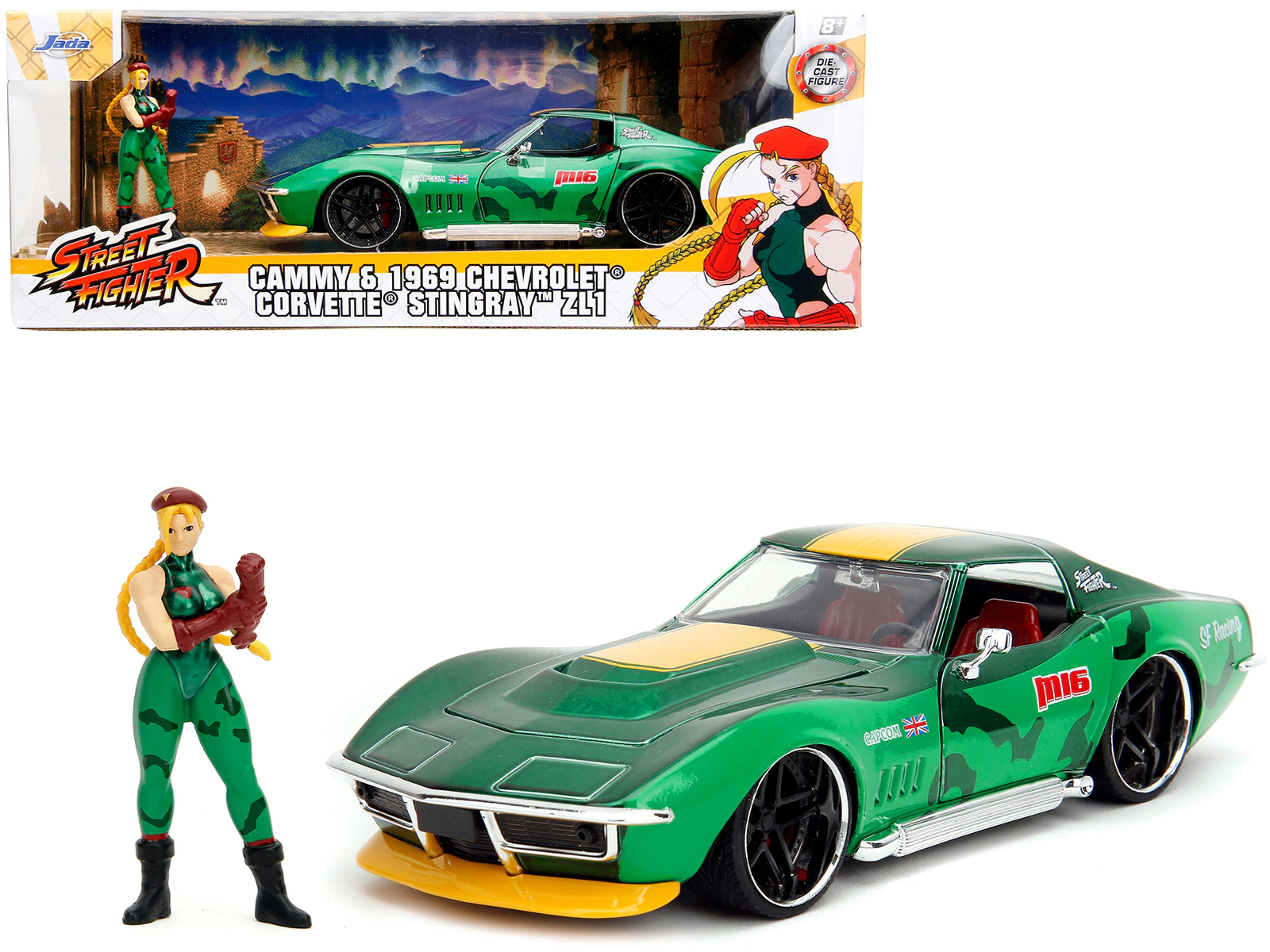 Jada 1969 Chevrolet Corvette Stingray ZL1 Green Metallic with Yellow Stripes and Cammy Diecast Figure "Street