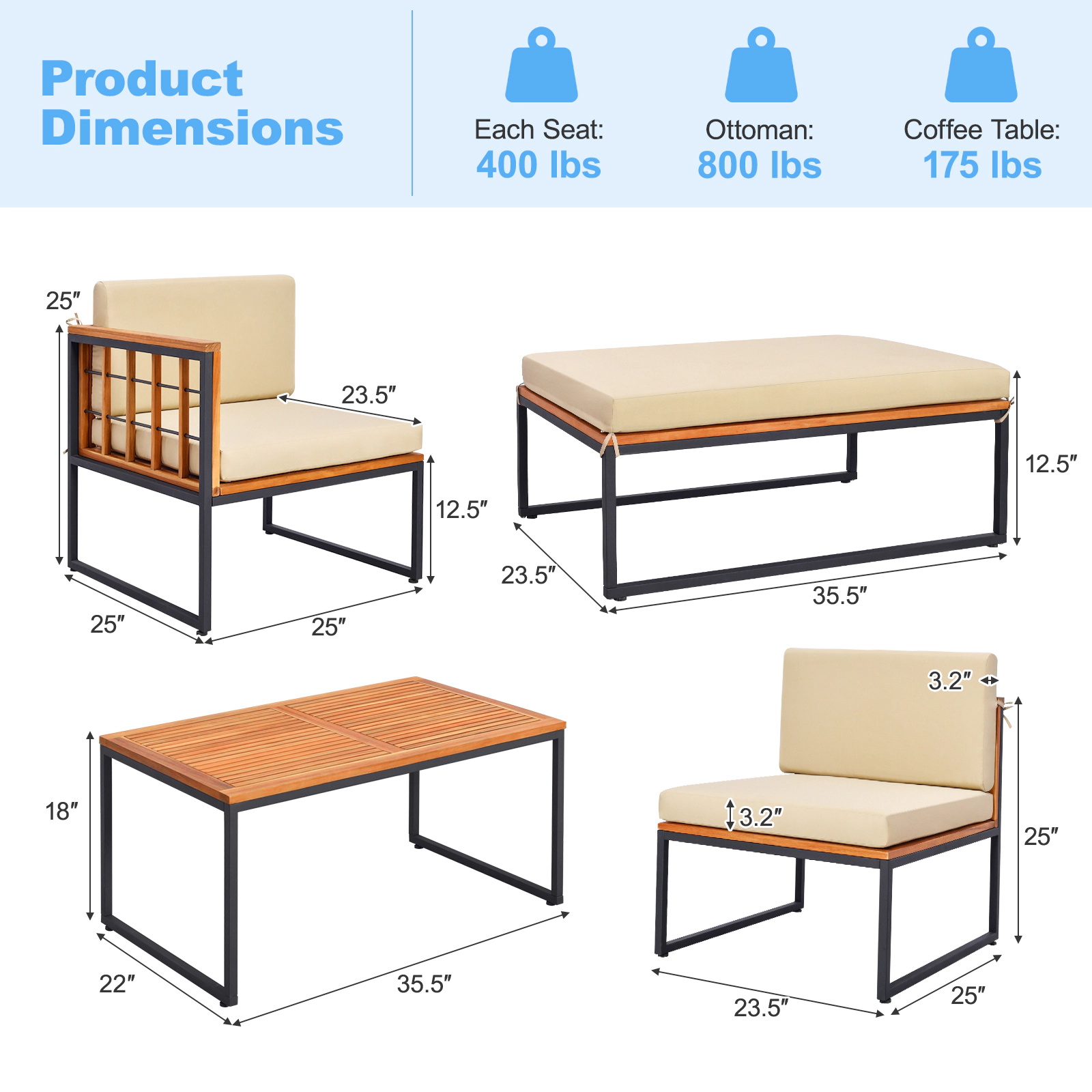 LJG 5 Pieces Patio Furniture Set Acacia Wood Sectional Set with Heavy-Duty Metal Frame