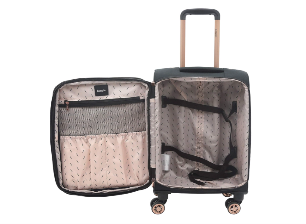 Kensie Hudson Unisex Softside Spinner Luggage, Black with Rose Gold, 3-Piece Set (16/20/28)