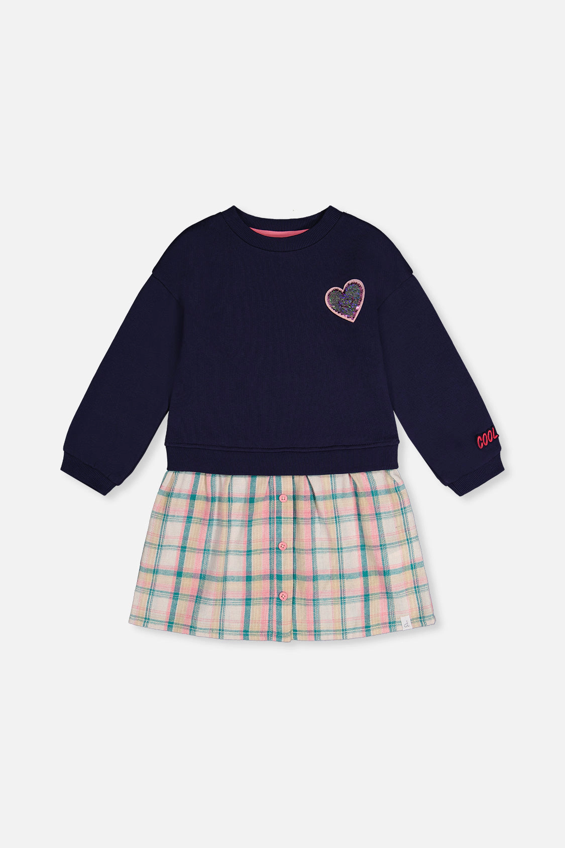 Deux par Deux Girls Heart Appliqué Plaid Bi-Material Dress
