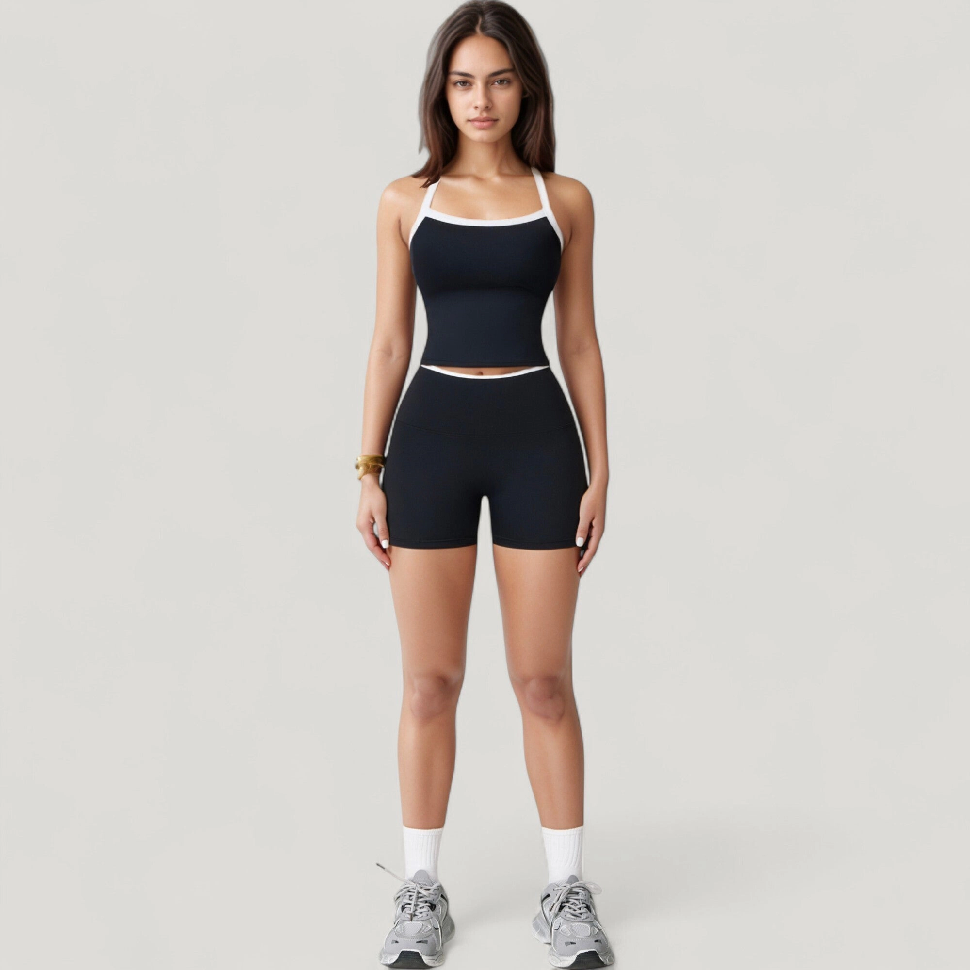 Anna-Kaci Womens Square Neck Contrast Trim Cropped Active Tank with Built-In Bra