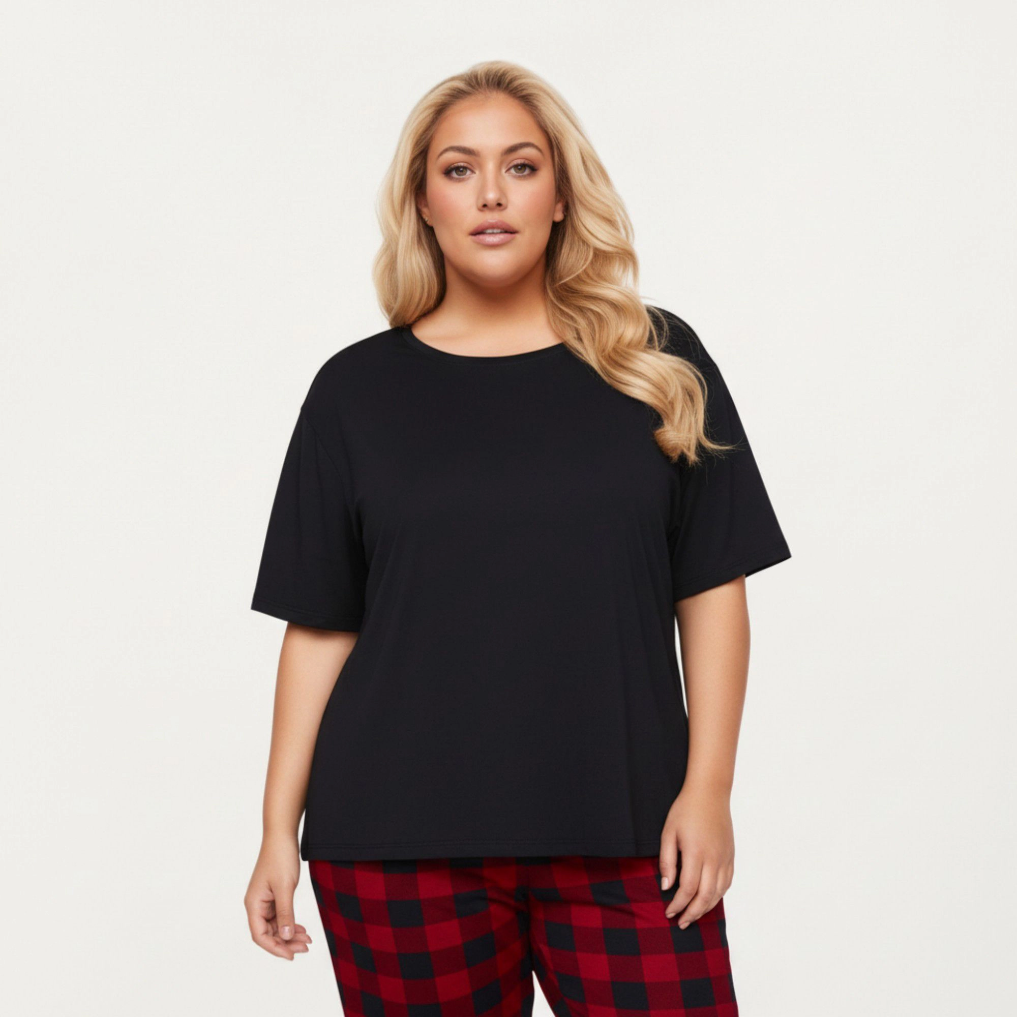 Anna-Kaci Women's 2-Piece Short Sleeve Knit Top and Plaid Jogger Pajama Pants with Soft Stretch Fabric Tapered Fit
