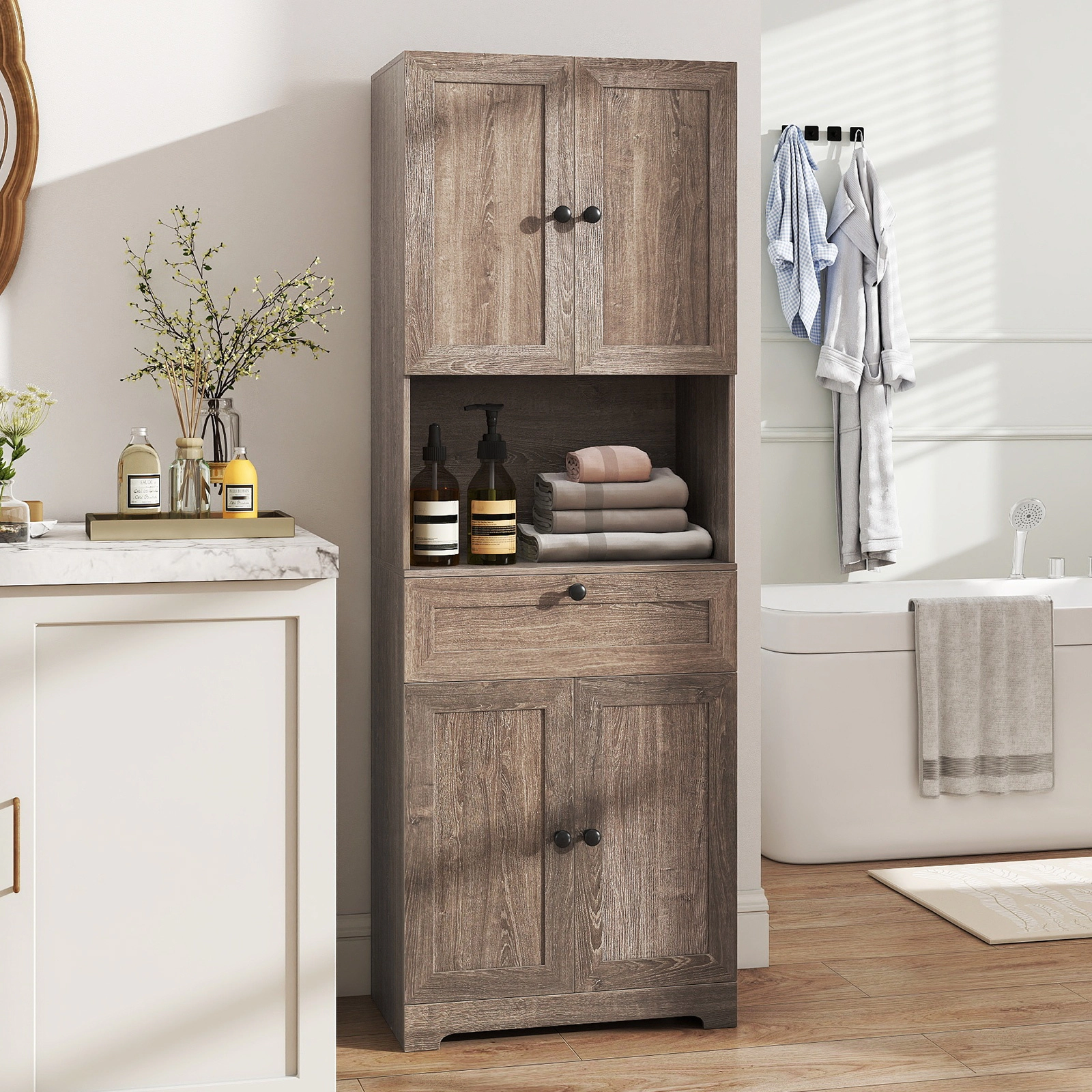 Glintex 67.5-Inch Tall Storage Cabinet with 4 Doors and Open Display Bay