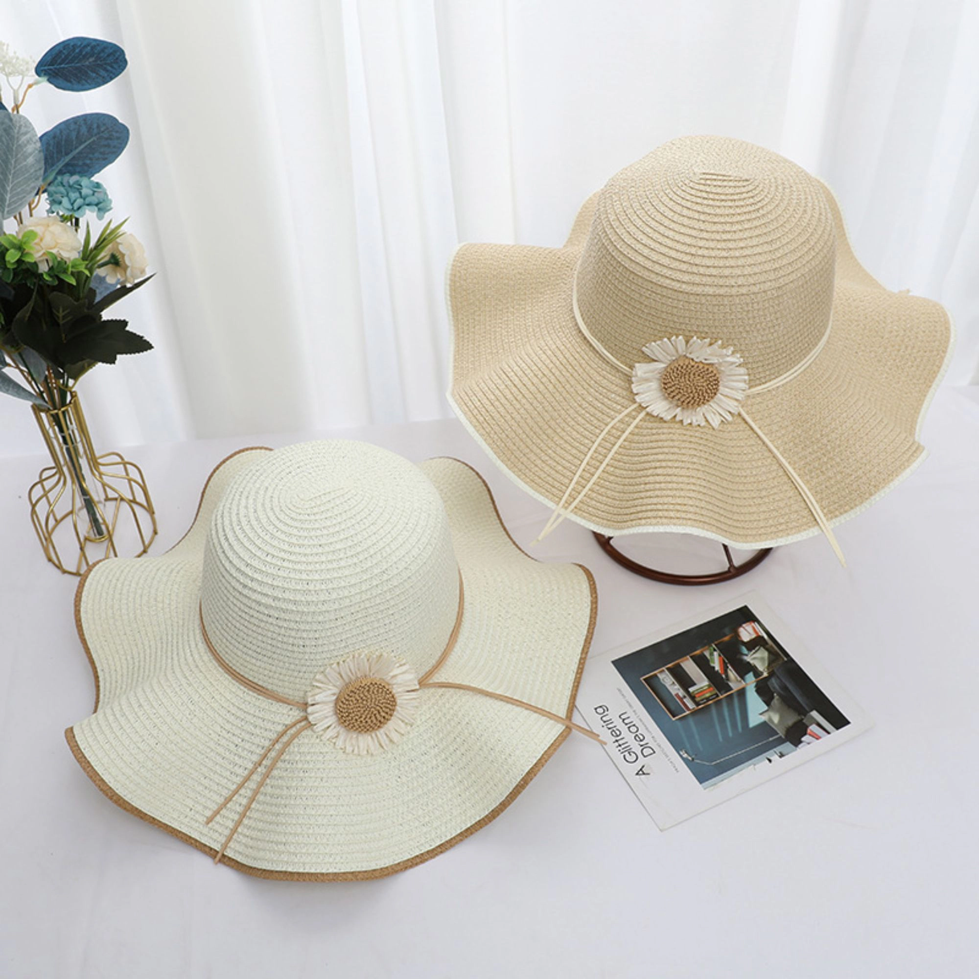 Anna-Kaci Women's Women Wide Brim Sun Hat with Floral Accent Adjustable Fit Elegant Summer Beach