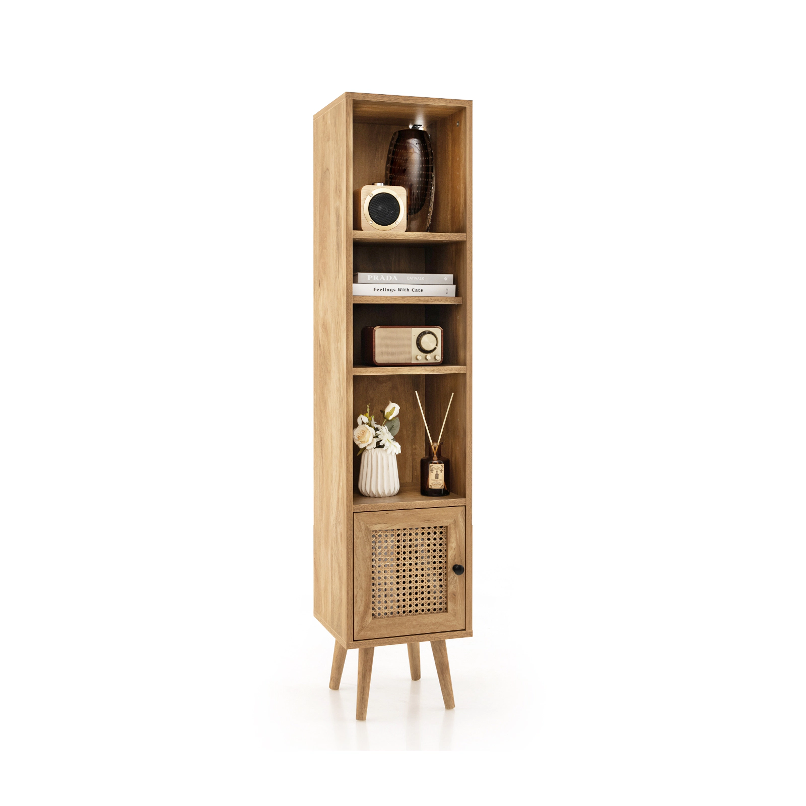 SUGIFT 4 Tier Rattan Storage Cabinet Natural Slim Design for Narrow Spaces