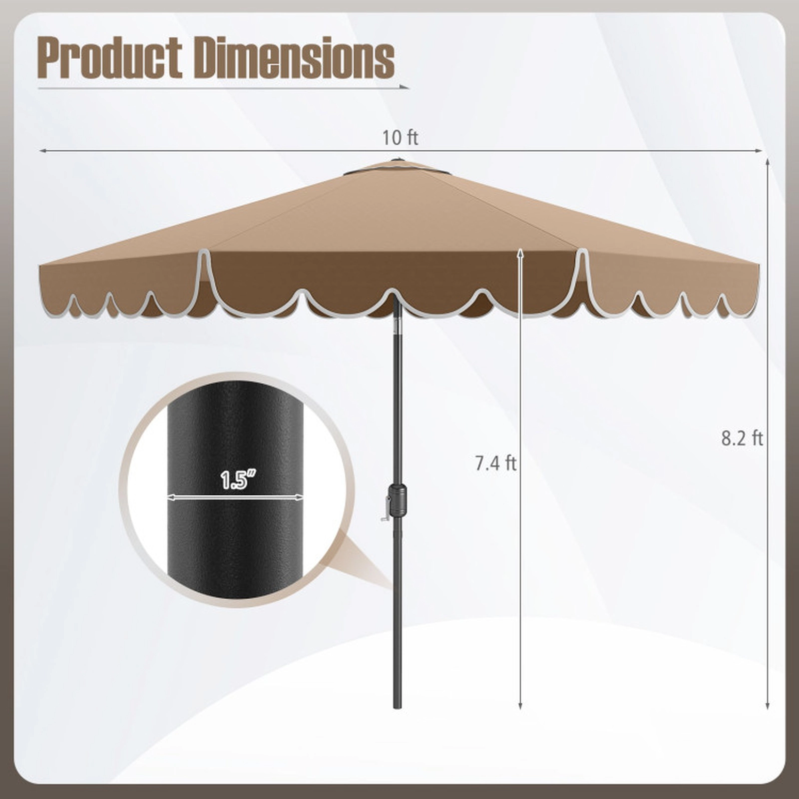 SUGIFT 10-ft Brown Patio Market Umbrella, Ruffled Edge, Crank Lift, Push-Button Tilt