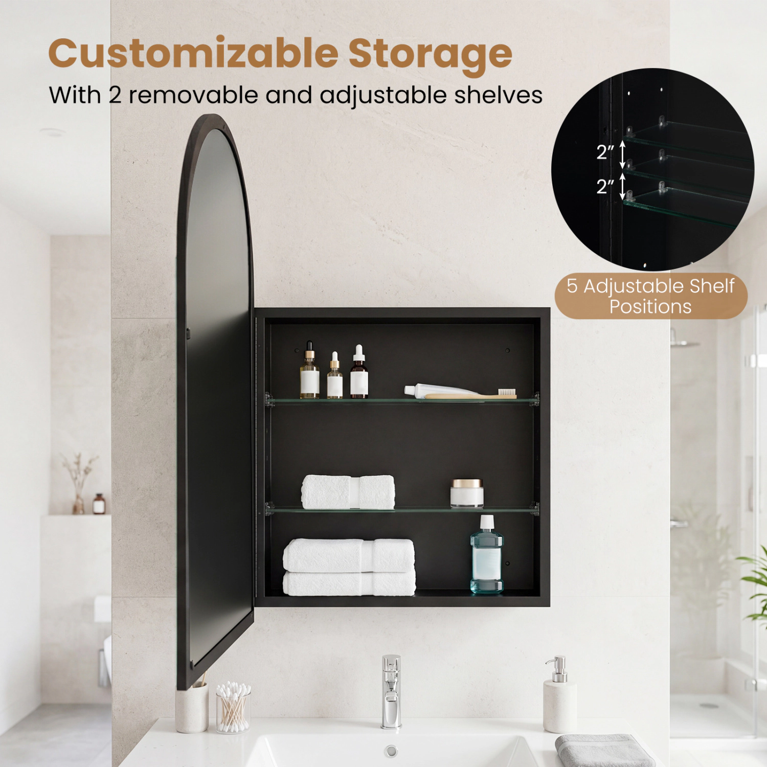 Slickblue Black Recessed Medicine Cabinet with Mirror and Adjustable Storage Shelves