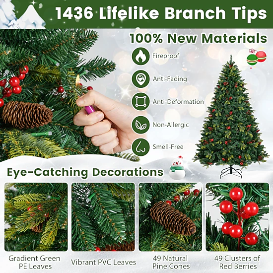 Costway 5/6/7/8 FT Artificial Christmas Tree with 250/370/500/650 RGB LED Lights 584/1054/1436/1936 Branch Tips