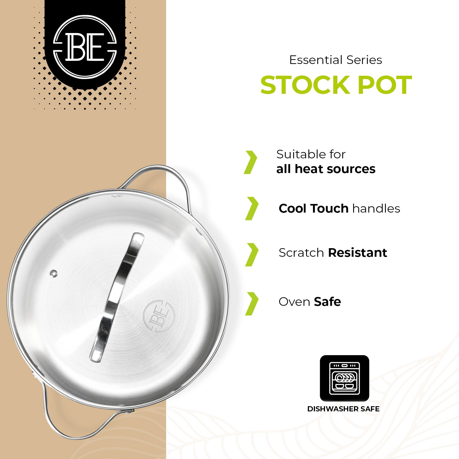 BE - LIVING Essential Series PFAS-free Tri-Ply Stainless Steel Stock Pot with Lid 10"