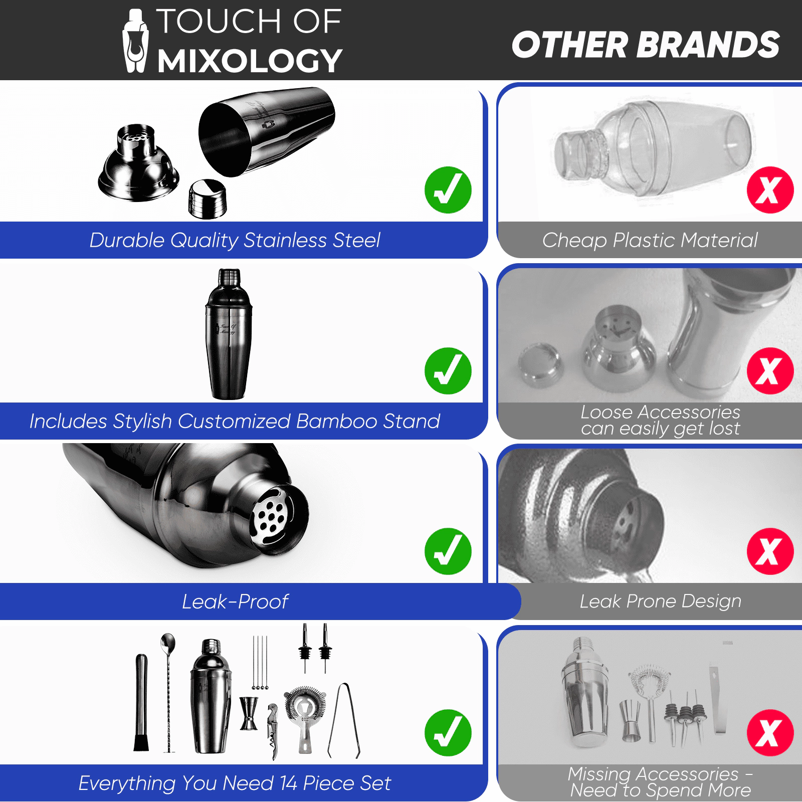 Touch Of Mixology 14 Piece Stainless Steel Bartender Kit