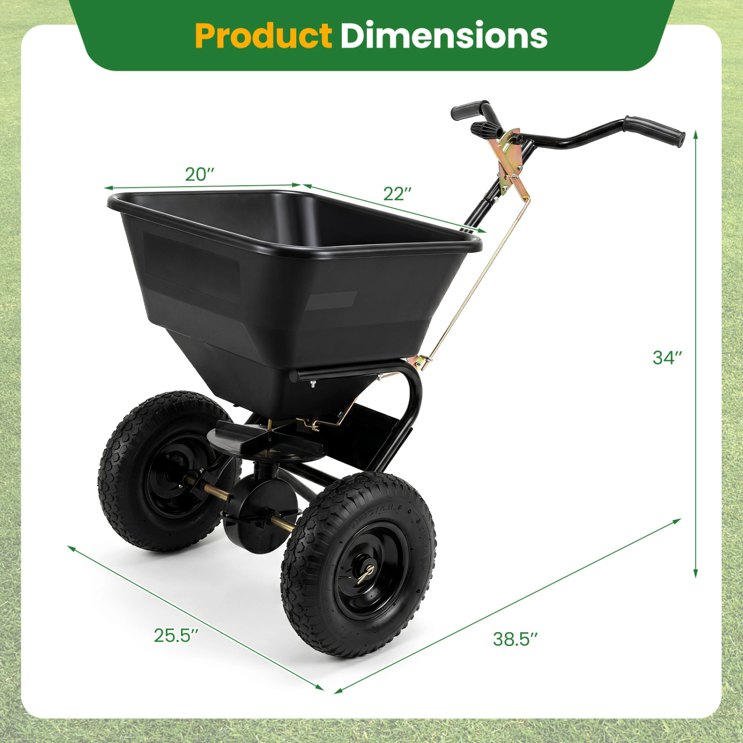 LJG 66 LBS Walk-Behind Broadcast Spreader with 13 Inch All-Terrain Tires