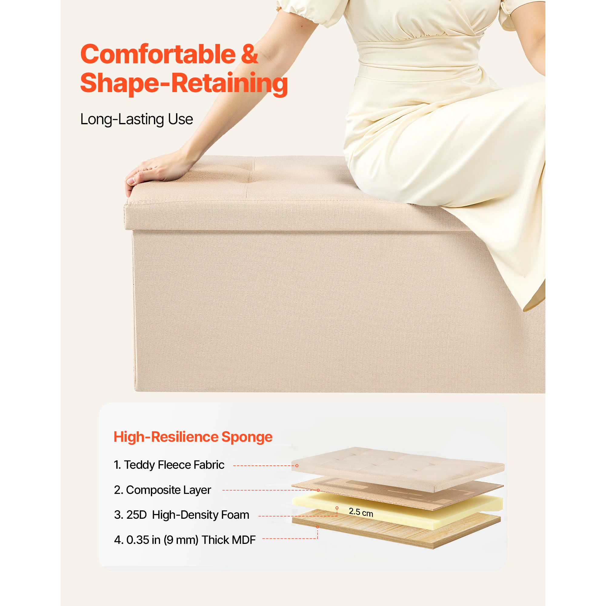 HONGGE Foldable Storage Ottoman Bench End of Bed Bench with Side Bags Folding Upholstered Storage Chest Supports 660