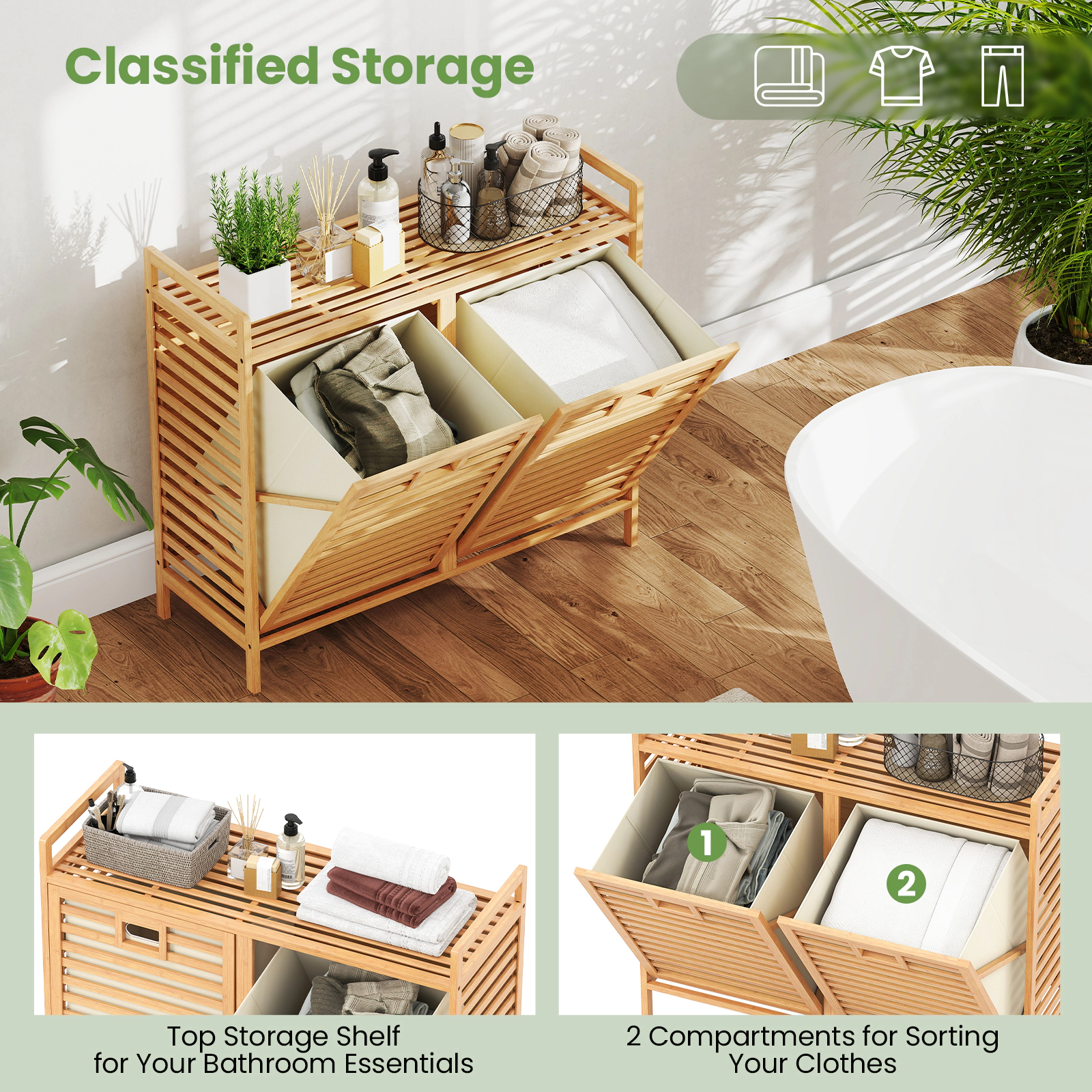 SUGIFT Natural Bamboo Double Tilt-Out Laundry Hamper with 2 Removable 10-gal Bins and Top Shelf