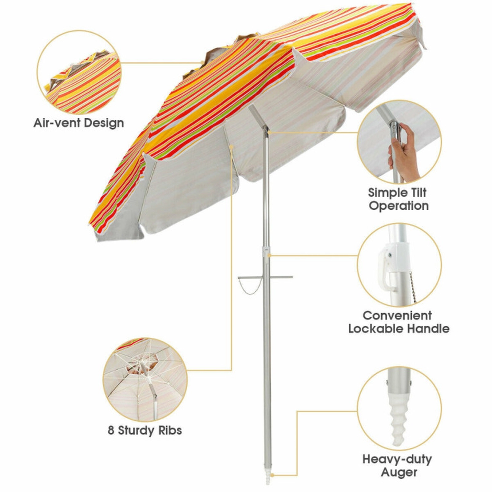 SUGIFT 6.5-ft Orange Beach Umbrella with UPF 50+ Canopy Tilt Mechanism and Carry Bag 7-ft H