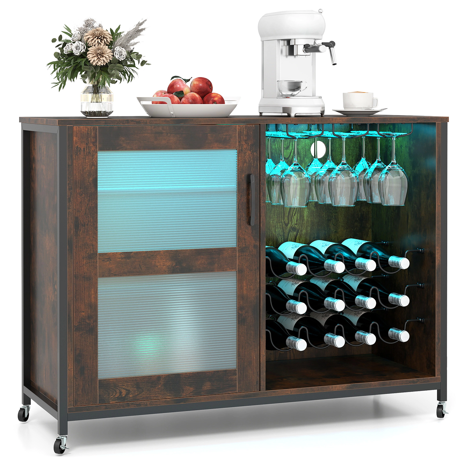 SUGIFT Rustic Brown 42.5-in Wine Bar Cabinet with LED Light Glass Doors 12-Bottle Rack and Glass Holder