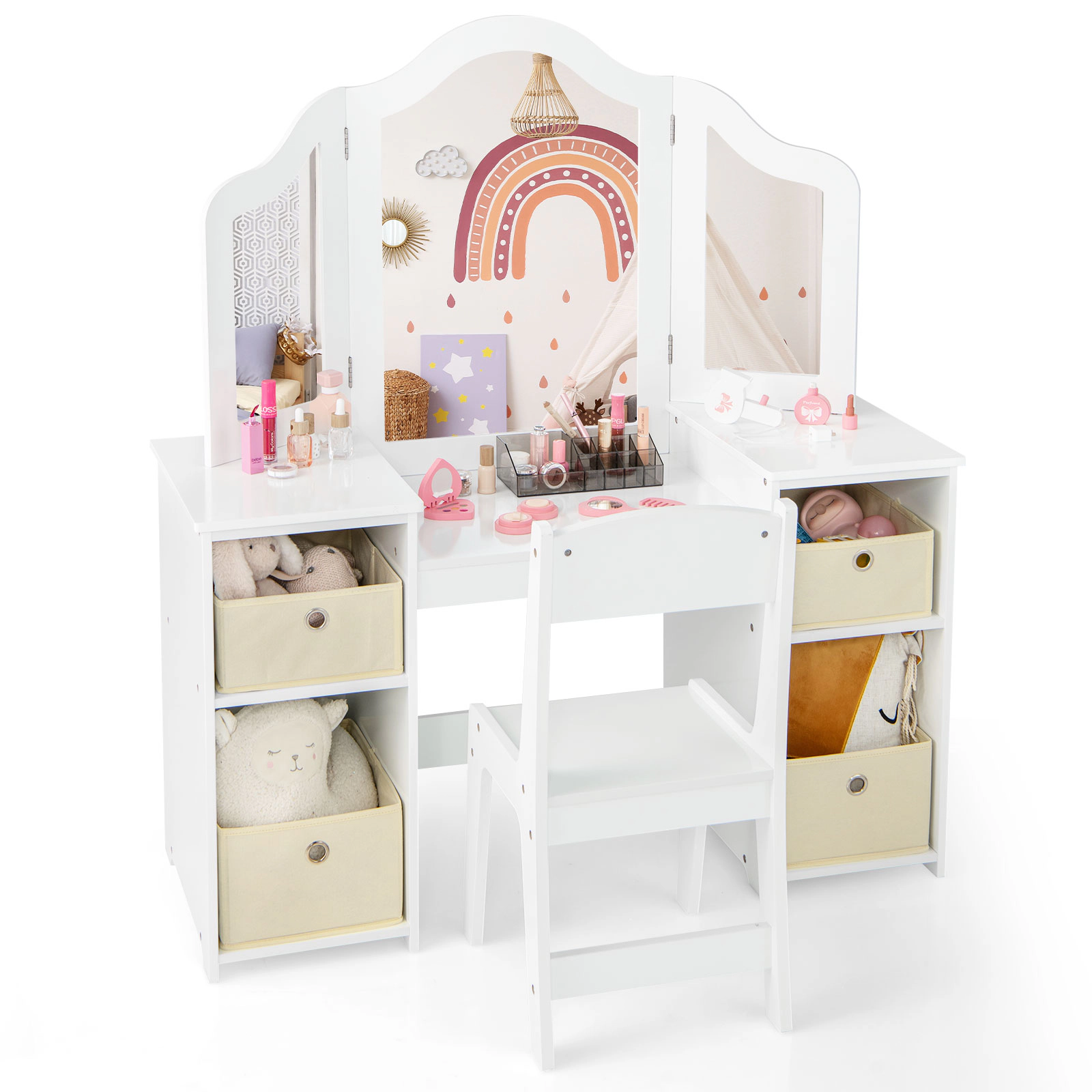 SUGIFT White 3 Removable Mirrors and 4 Storage Bins Kids Vanity Table and Chair Set